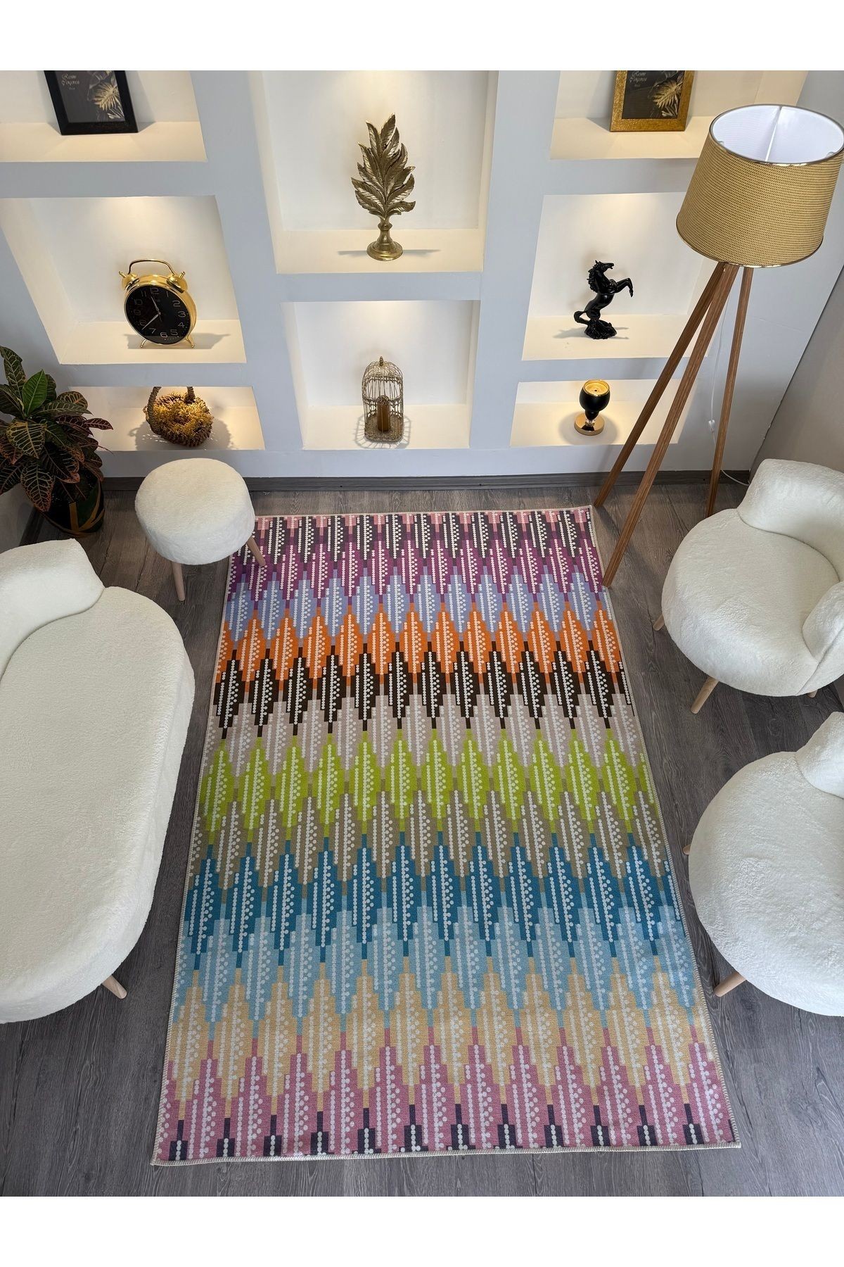 Opal Çok Renkli Etnik Desenli Dokuma Taban Modern Dekoratif Halı opal06
