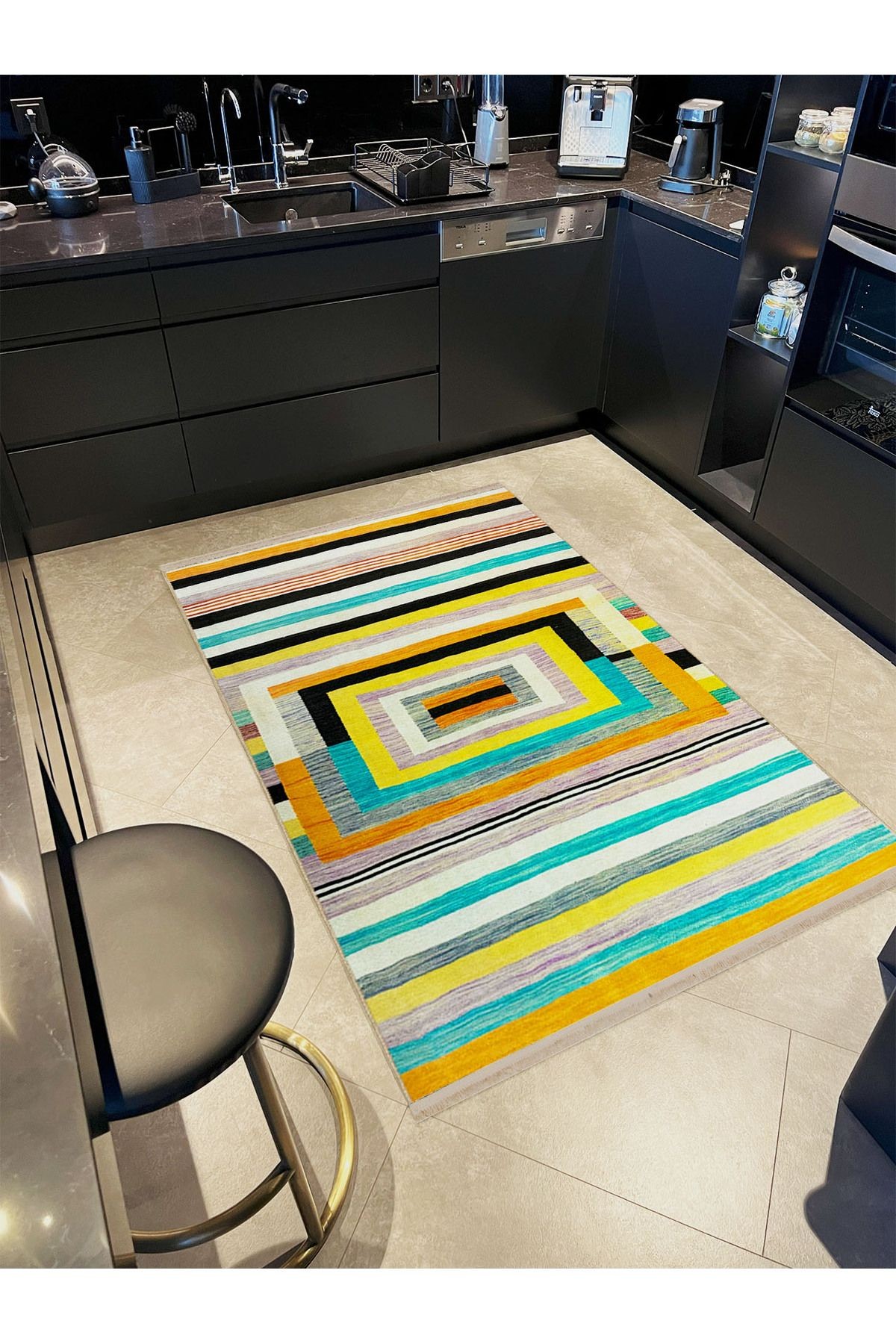 Emre Koleksiyonu Renkli Çizgili Geometrik Patchwork Desenli Dokuma Taban Modern Dekoratif Halı 30