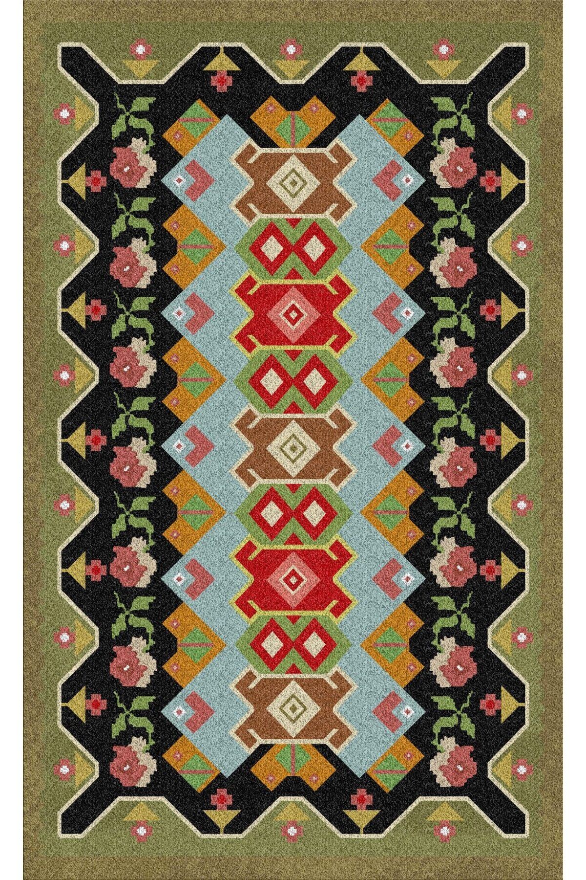 Opal Yeşil Siyah Etnik Desenli Dokuma Taban Modern Dekoratif Halı opal12