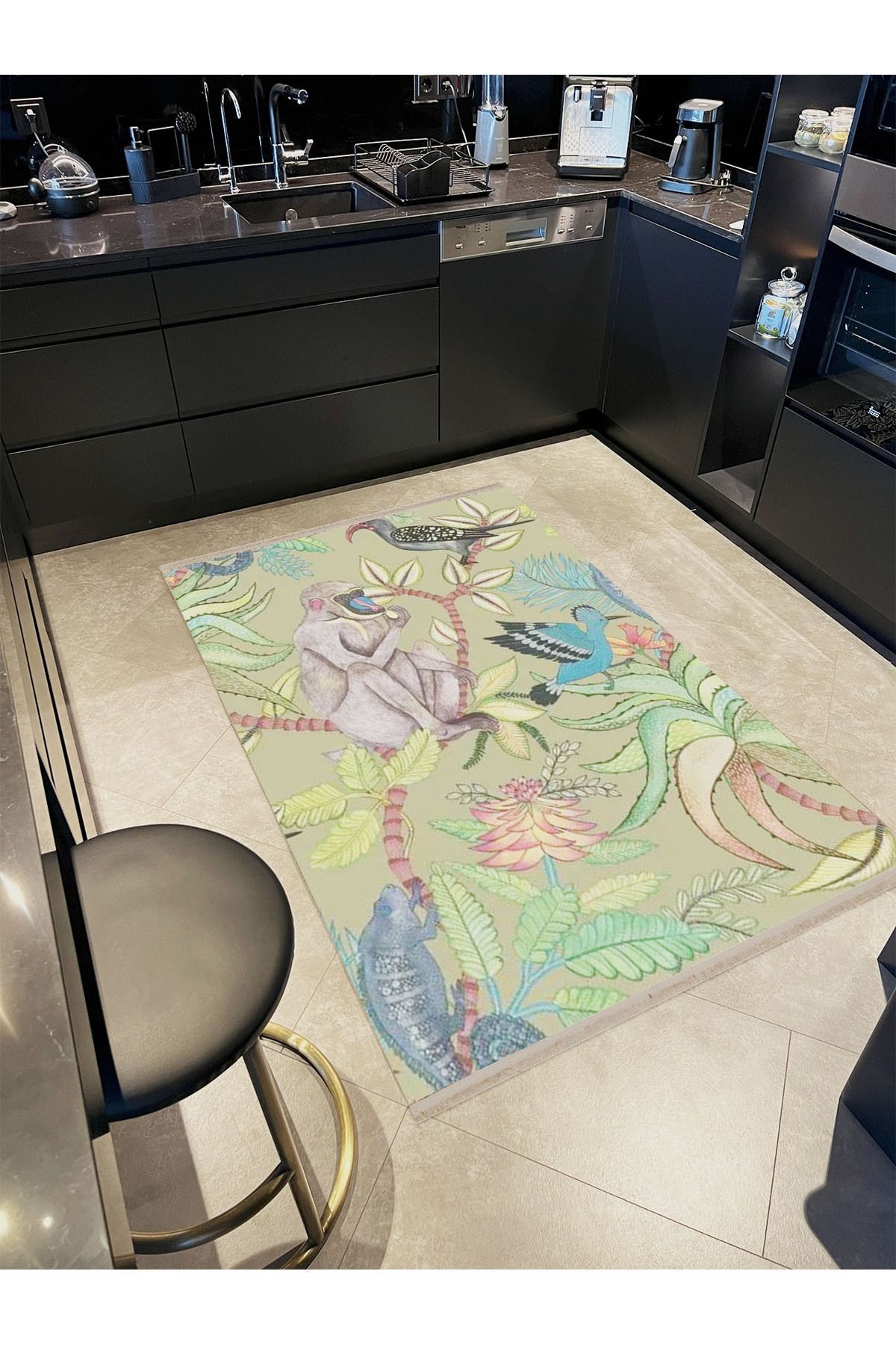 Güney Koleksiyonu Çok Renkli Tropikal Ağaç Maymun ve Kuş Desenli Kreatif Modern Dekoratif Halı 05