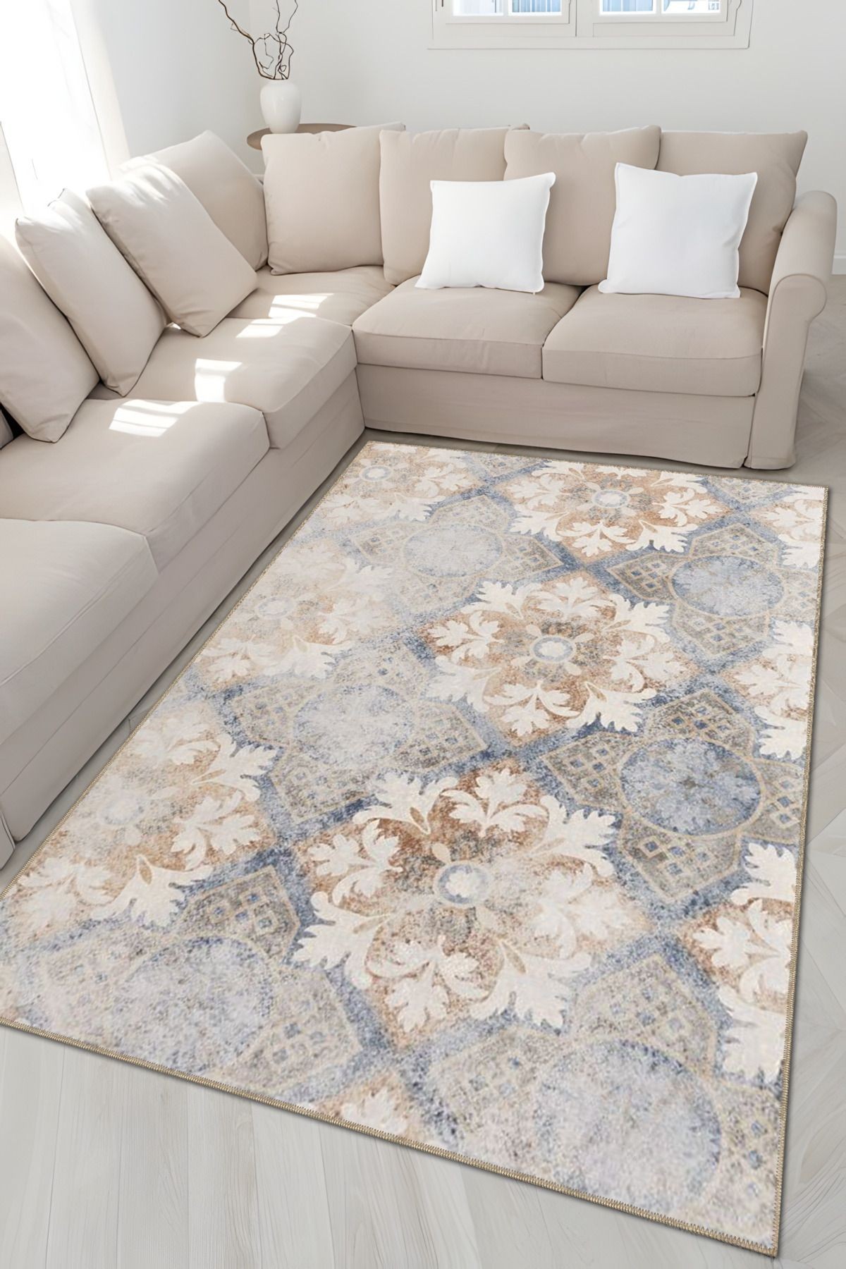 Bej Mavi Temalı Soyut Motifli Çiçek Desenli Modern Dekoratif Halı 4923