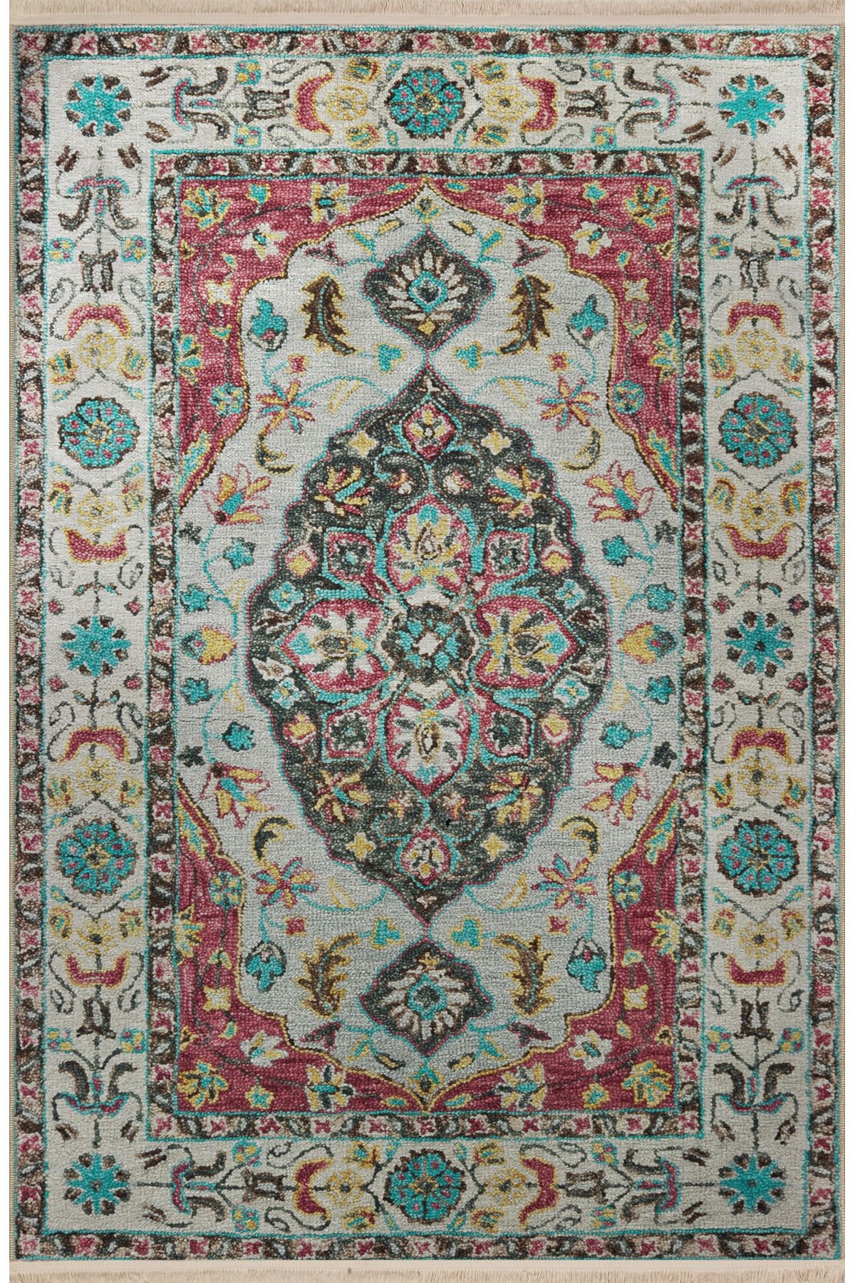 Bej Mavi Temalı Geleneksel Motif Etnik Çiçek Desenli Kreatif Vintage Dekoratif Halı 2847