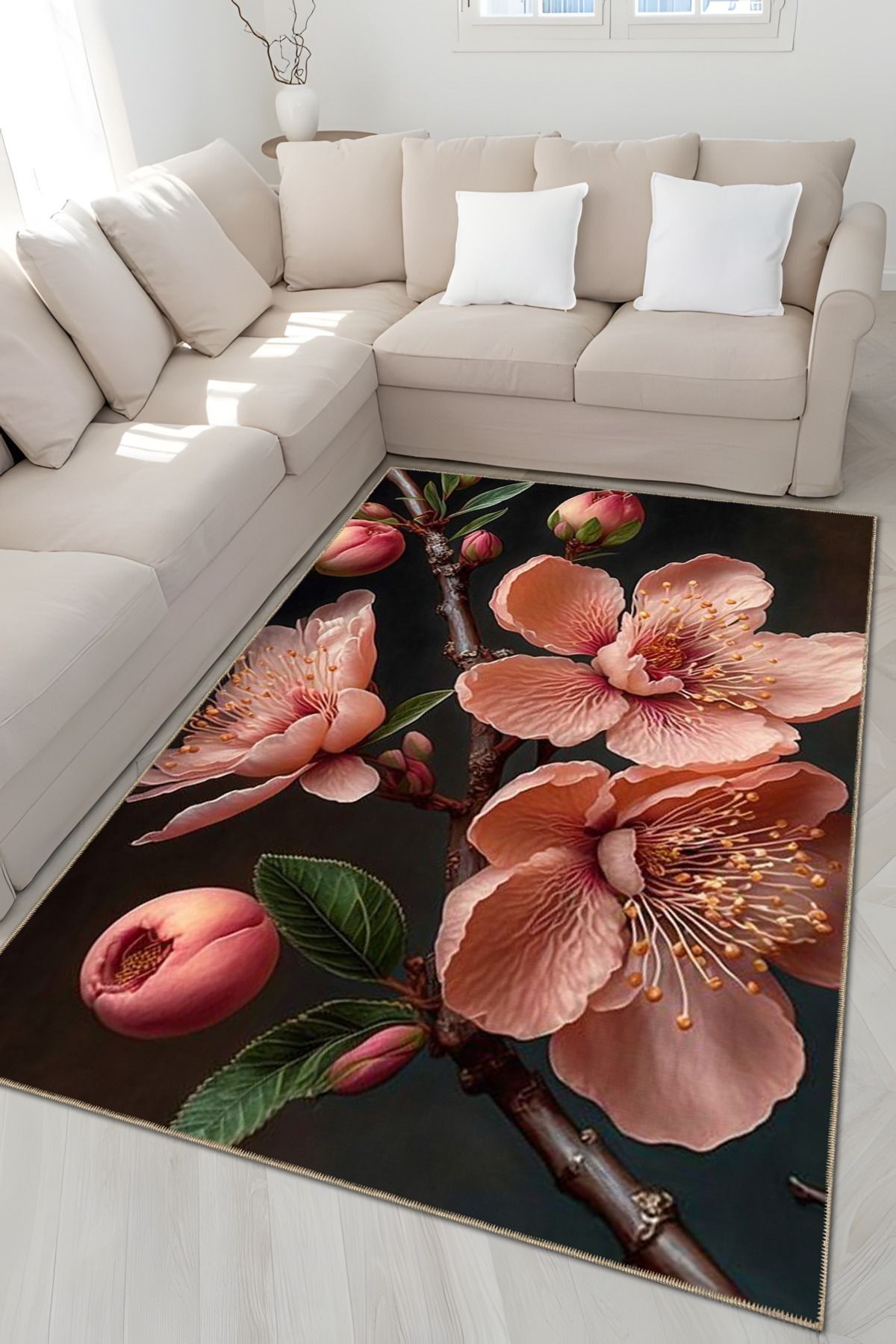 Siyah Pudra Temalı Floral Çiçek Desenli Modern Dekoratif Halı 4957