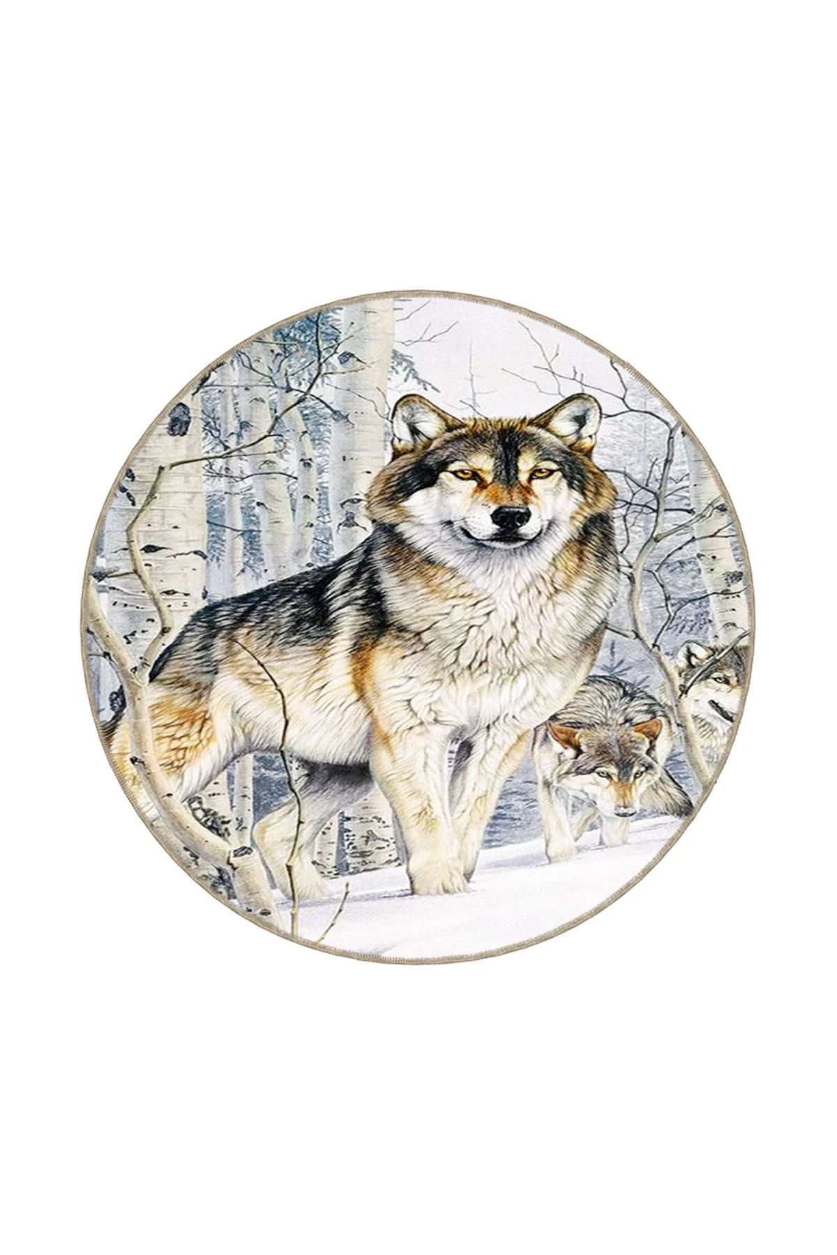 Beyaz Tonlarında Hayvan Kurt Desenli Dekoratif Halı miravip399