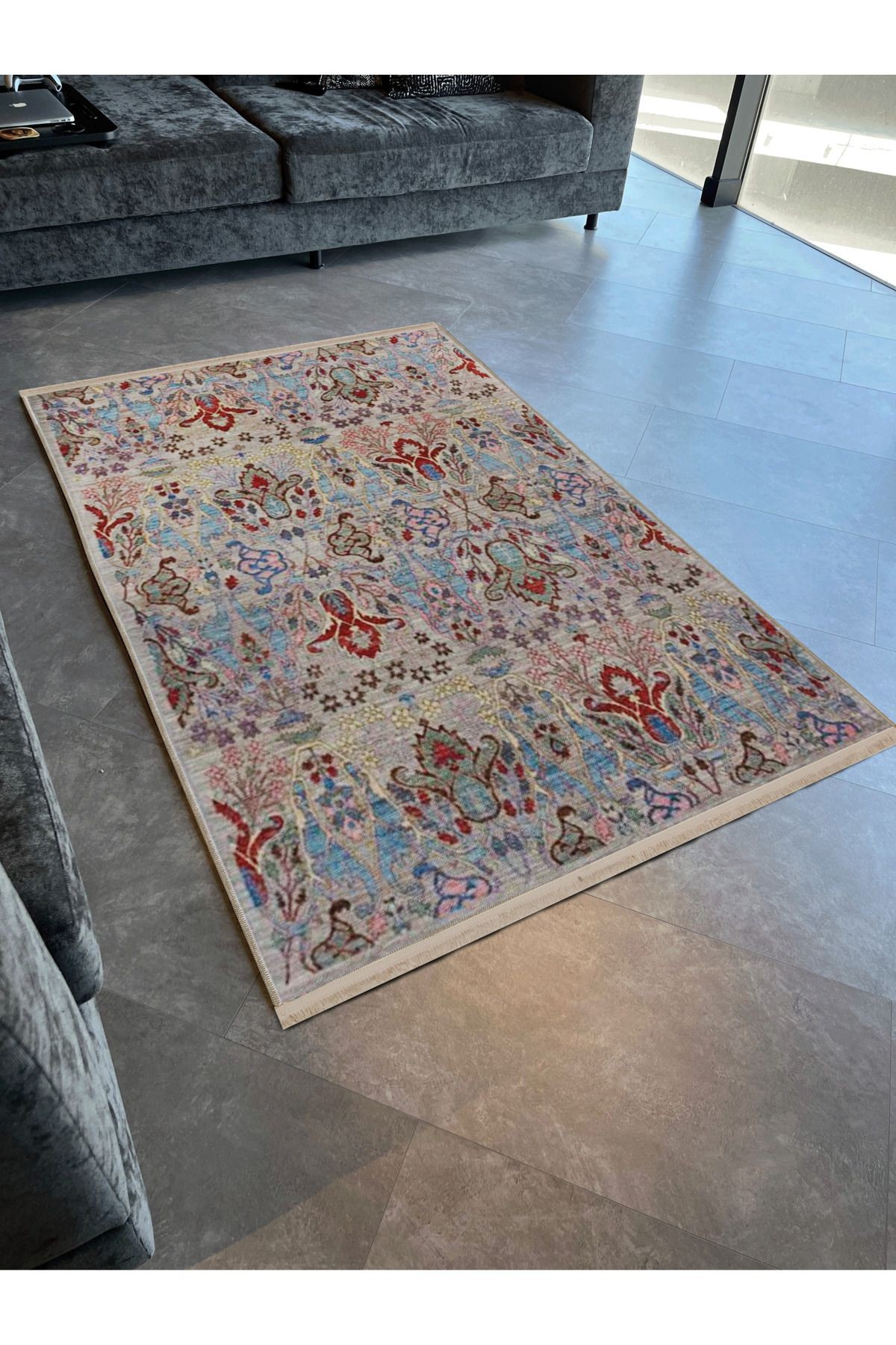 Çok Renkli Geleneksel Motif Etnik Desenli Saçaklı Vintage Dekoratif Halı 3173