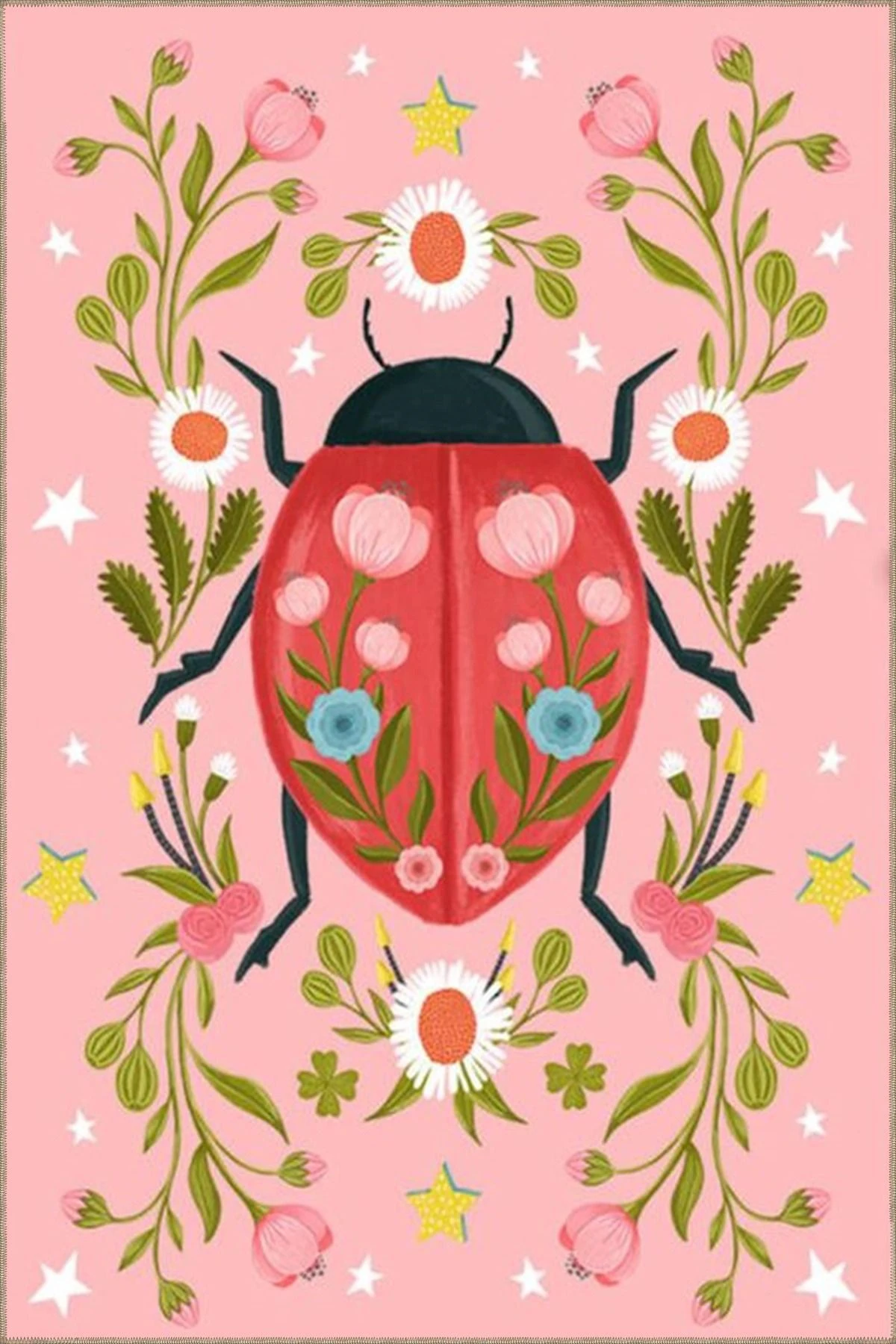 Pembe Renk Temalı Kırmızı Uğur Böceği Desenli Halı 3728