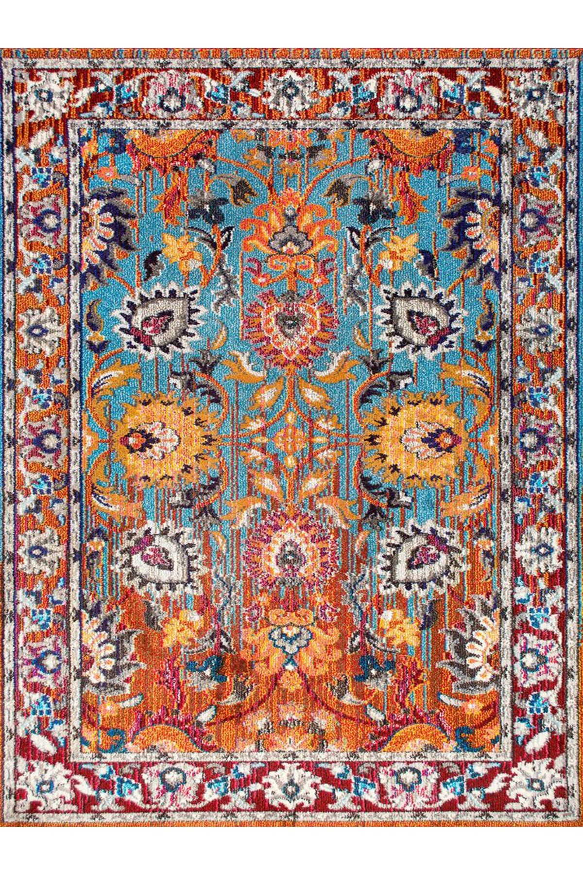 Asena Koleksiyonu Mavi Turuncu Temalı Geleneksel Desenli Vintage Dekoratif Halı 30