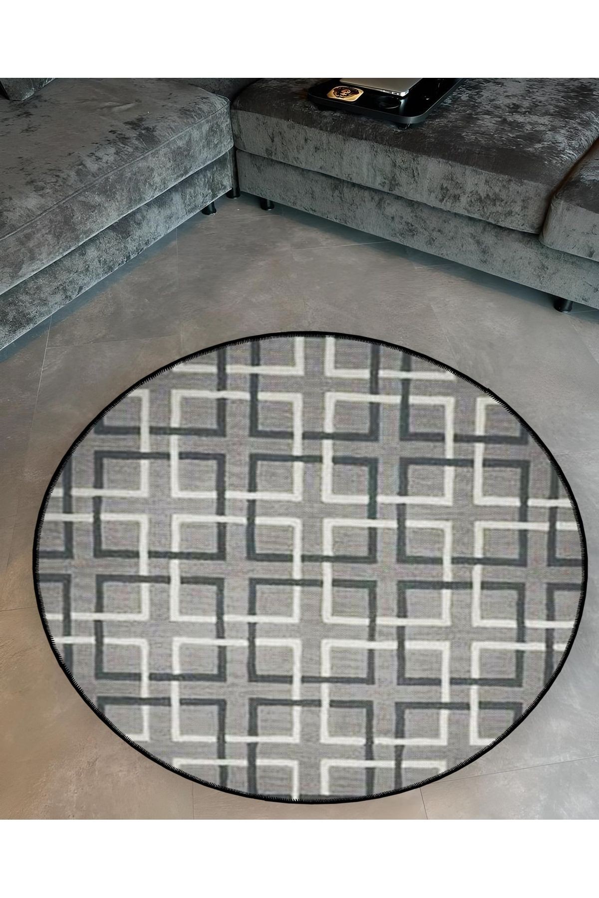 Mira Yuvarlak Gri Tonlarda Geometrik  Şekil Detaylı Dokuma Taban Modern Dekoratif Halı 5554