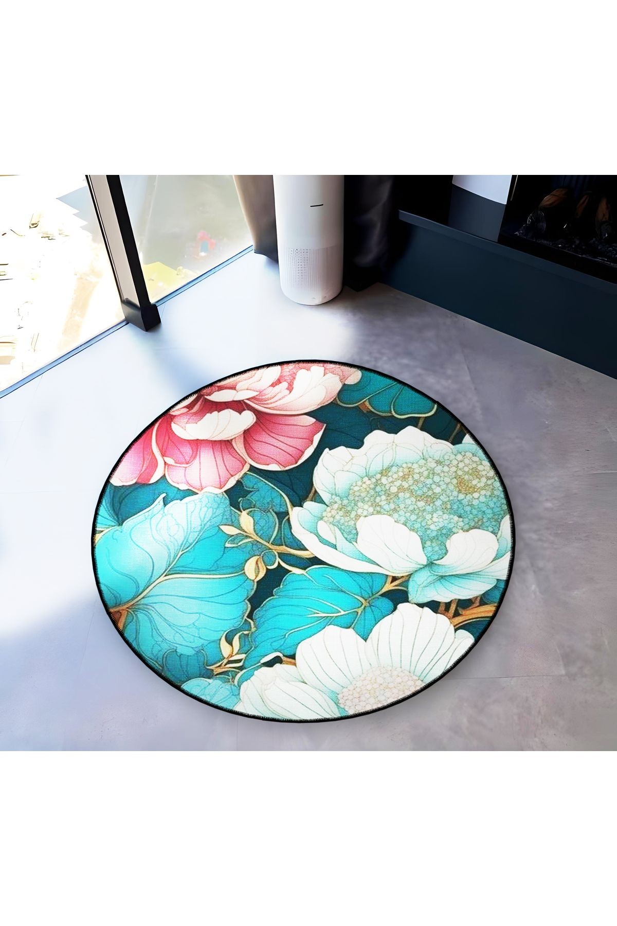 Çok Renkli Floral Çiçek Gül Desenli Yuvarlak Dokuma Taban Modern Dekoratif Halı 6203