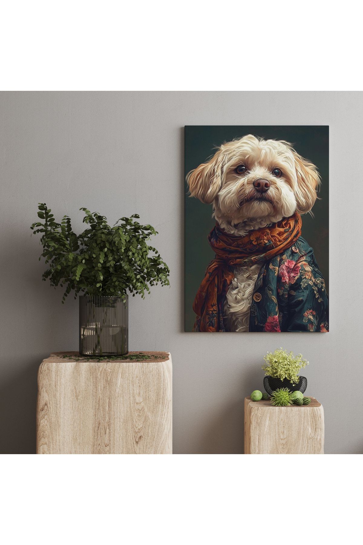 Kanvas Tablo Şal ve Ceket Detaylı Sevimli Köpek Desenli tablo5008