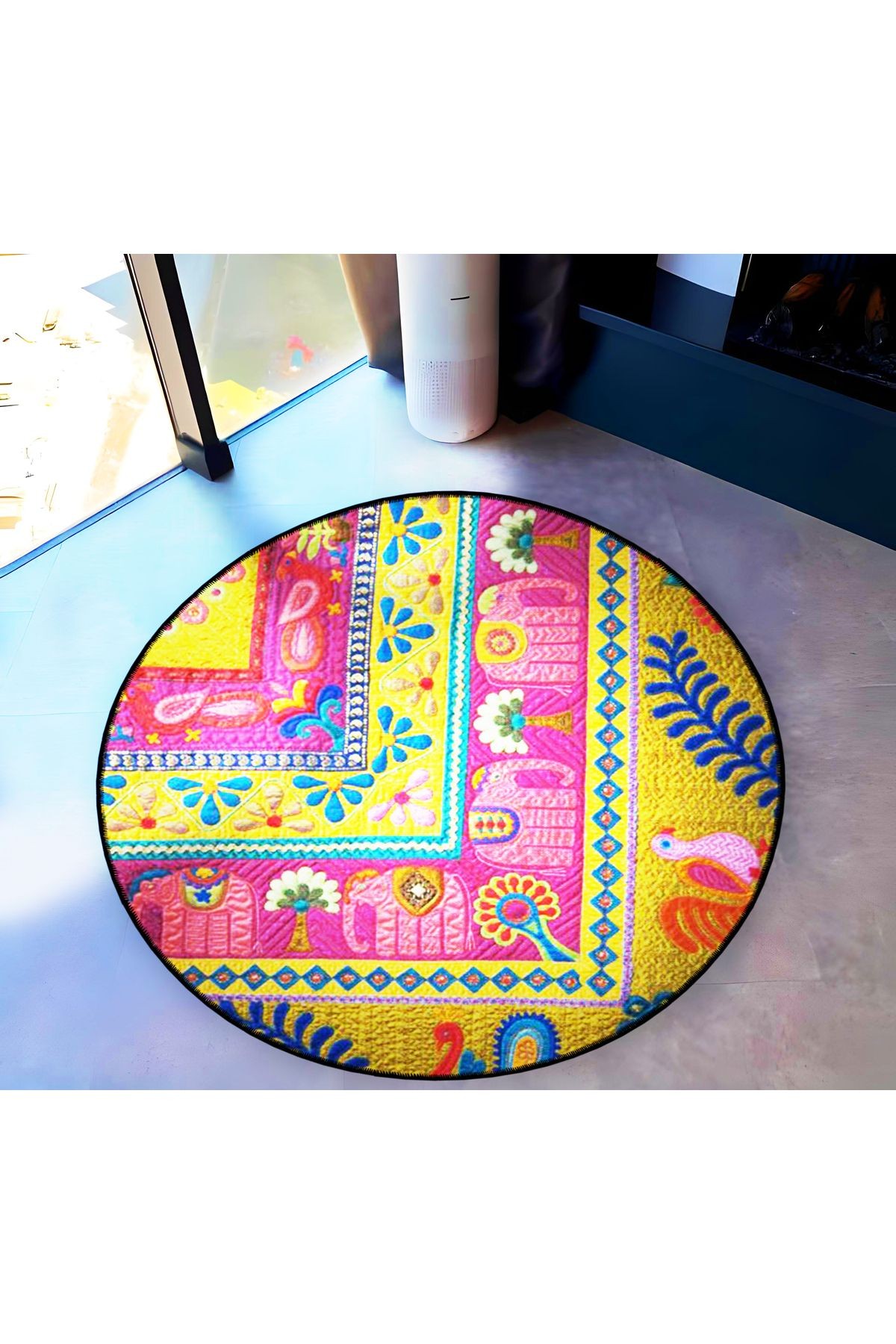 Mira Yuvarlak Sarı Pembe Etnik Desen Fil Detaylı Dokuma Taban Modern Dekoratif Halı 5788