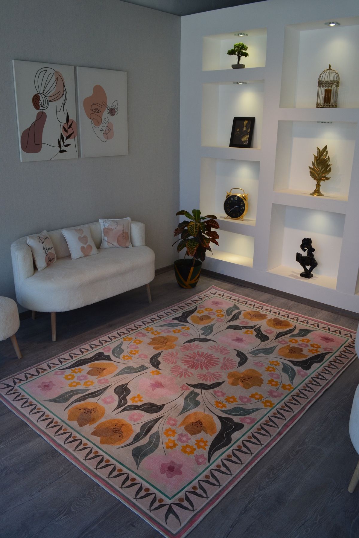 Aynur Koleksiyonu Pastel Tonlarda Pembe Çiçekler Detaylı Dokuma Taban Modern Dekoratif Halı aynur36