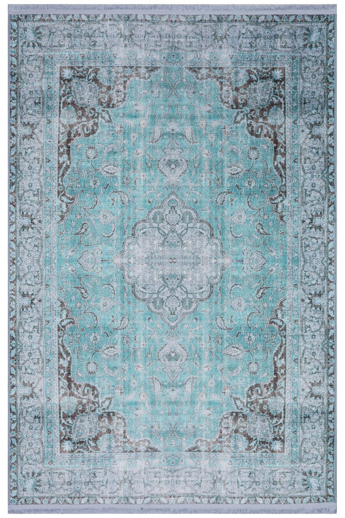 Turkuaz Gri Vintage Çok Renkli Desenli Dekoratif Halı 1720