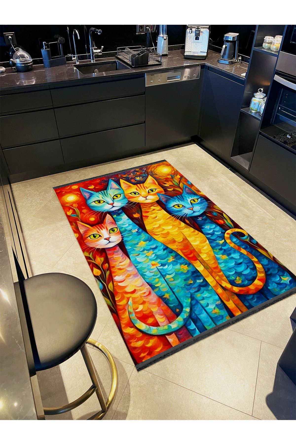 İnci Koleksiyonu Çok Renkli Soyut Kediler Desenli Dokuma Taban Modern Dekoratif Halı inci07