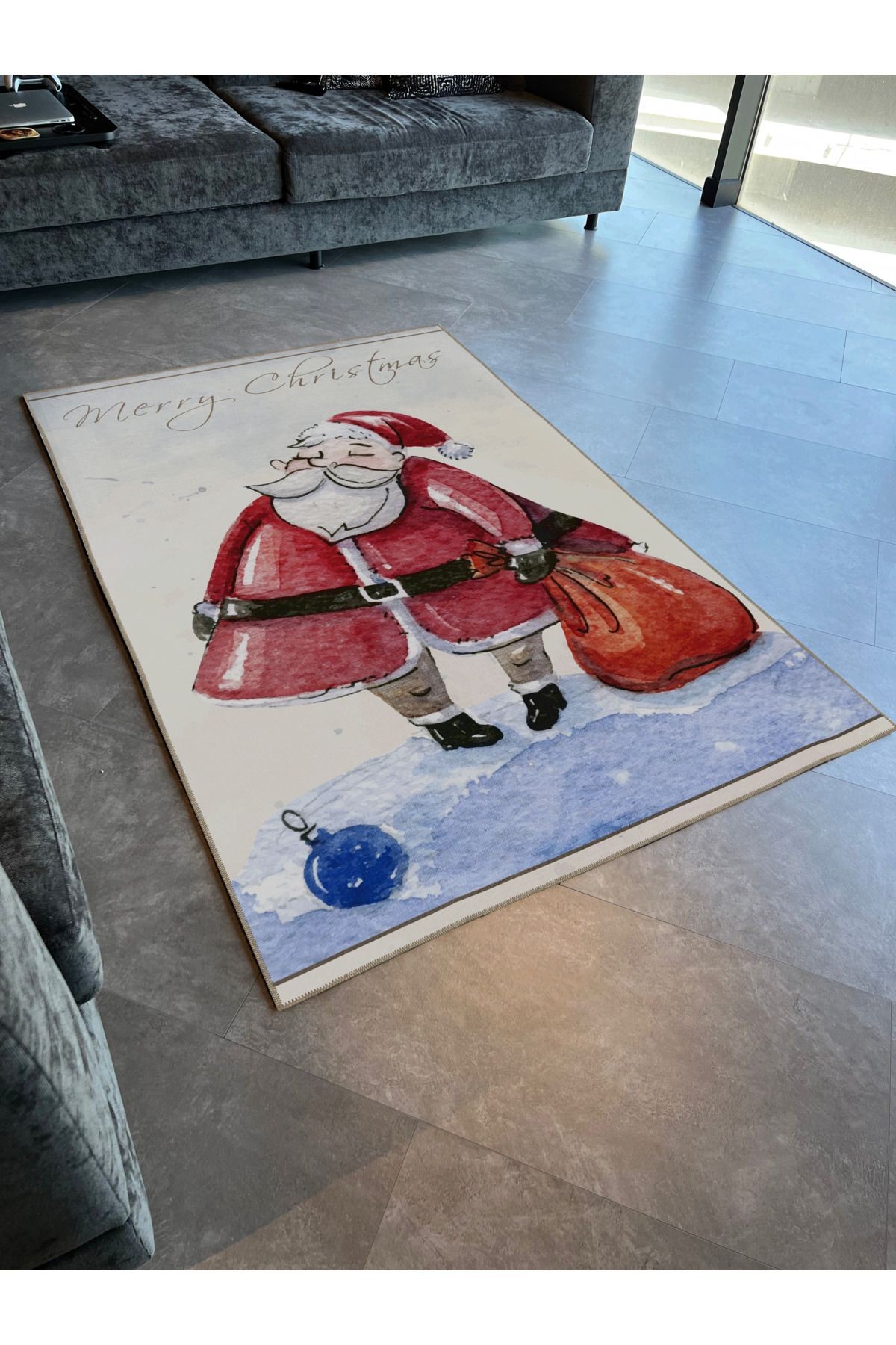Mavi Bej Yılbaşı Temalı Noel Baba Desenli Kreatif Modern Dekoratif Halı 2239