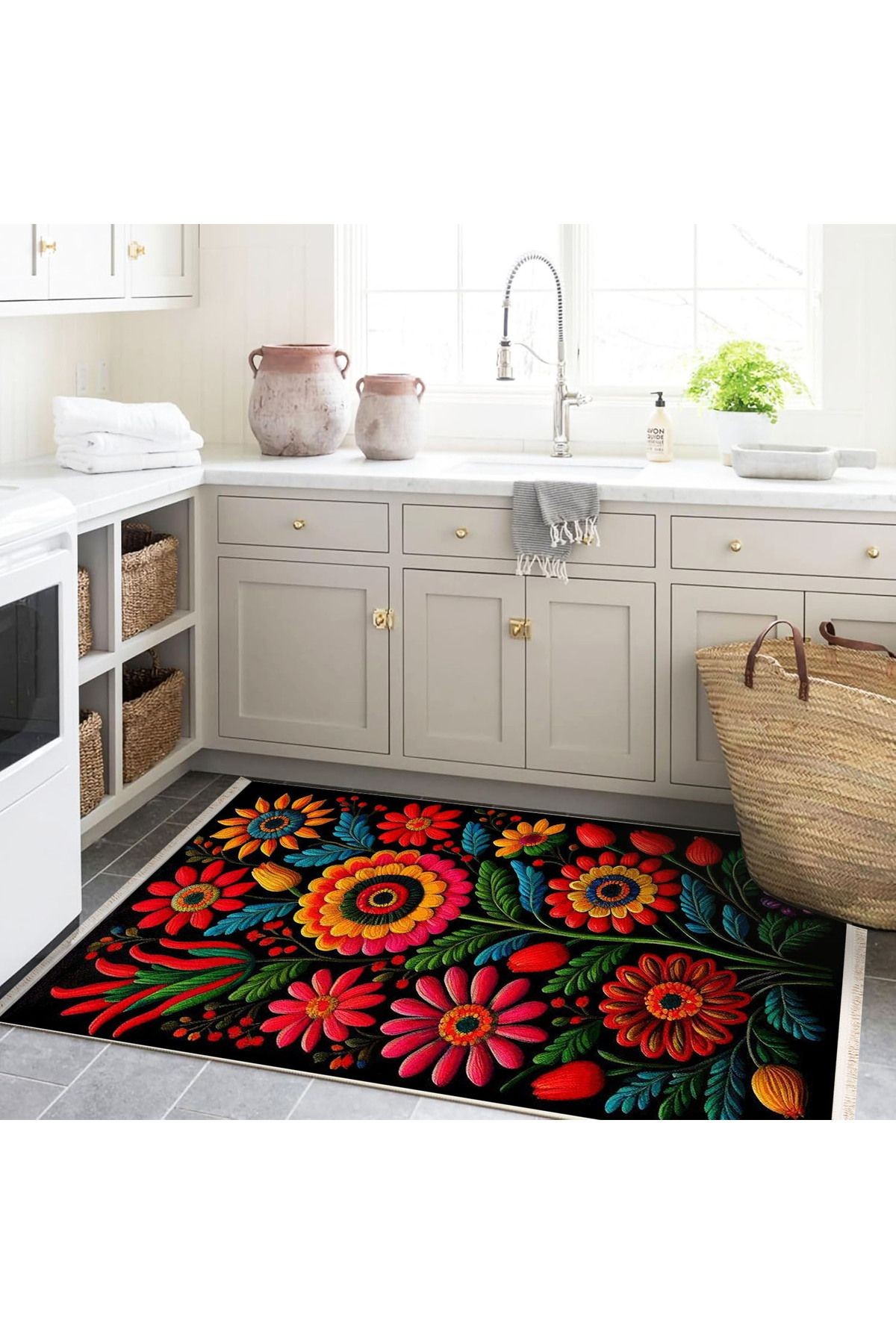 Kemal Koleksiyonu Çok Renkli Floral Çiçek Figürleri Desenli Dokuma Taban Modern Dekoratif Halı 11