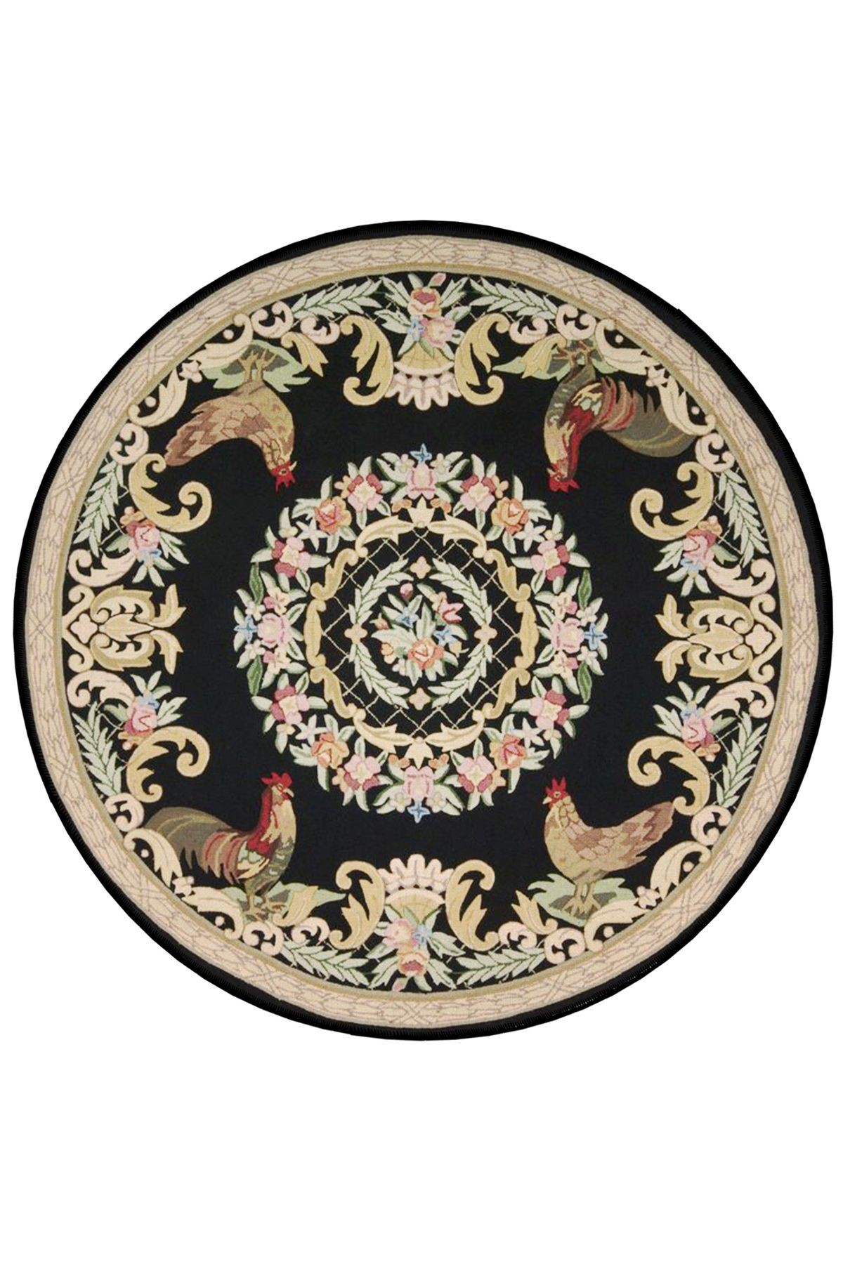 Siyah Tema Çiçek ve Tavuk Desenli Yuvarlak Dokuma Taban Vintage Dekoratif Halı 6107