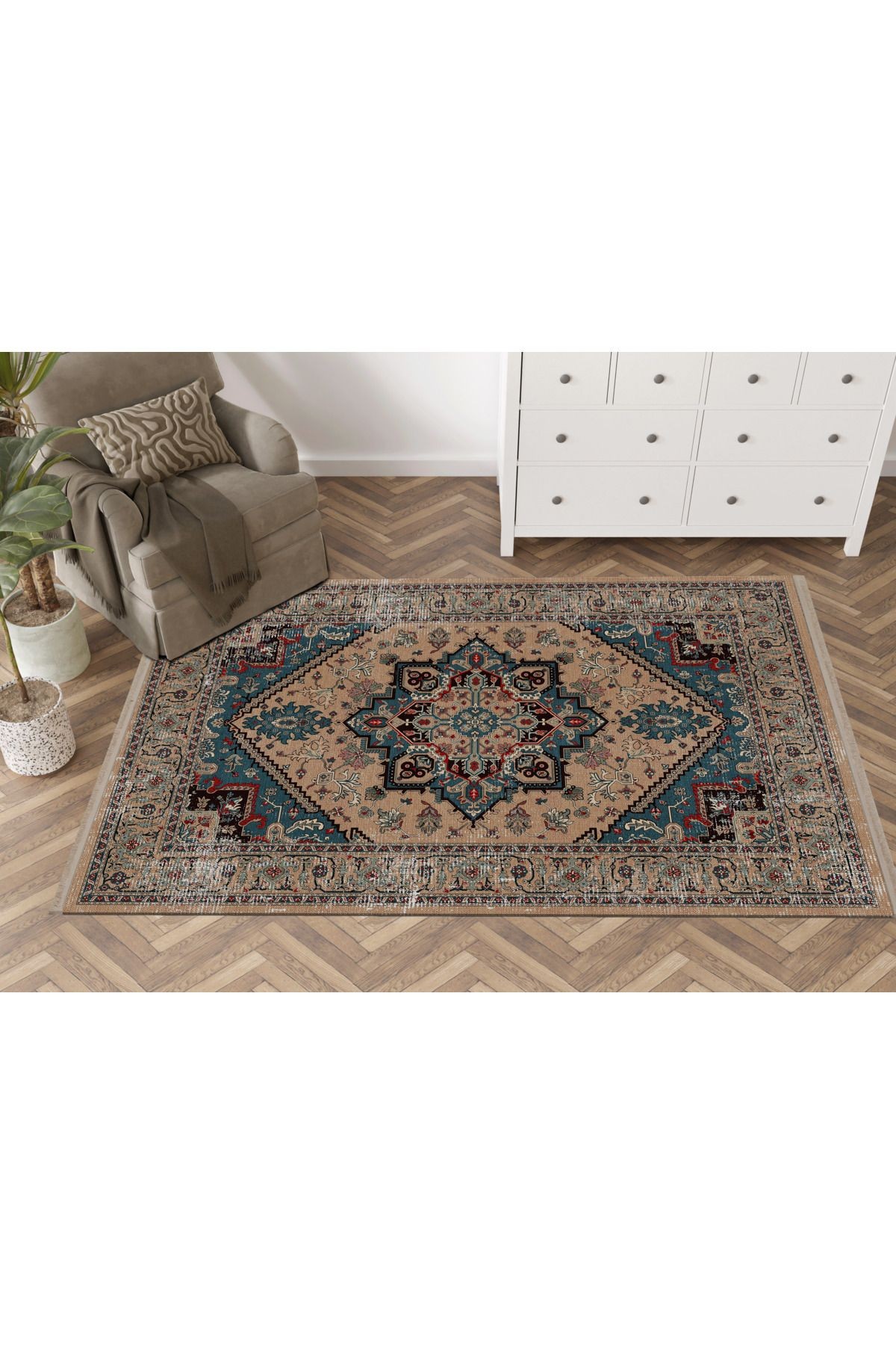 Mira Bej Mavi Temalı Çok Renkli Geleneksel Motif Etnik Desenli Vintage Dekoratif Halı Mira 1602