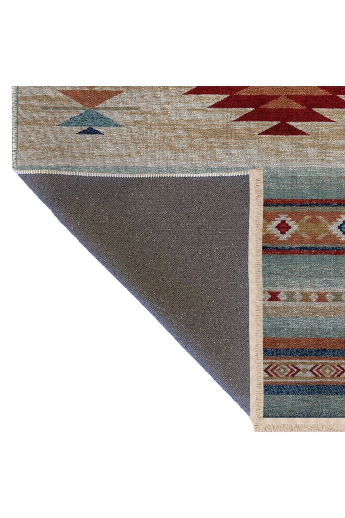 Çok Renkli Geleneksel Motif Desenli Saçaklı Vintage Dekoratif Halı 3050
