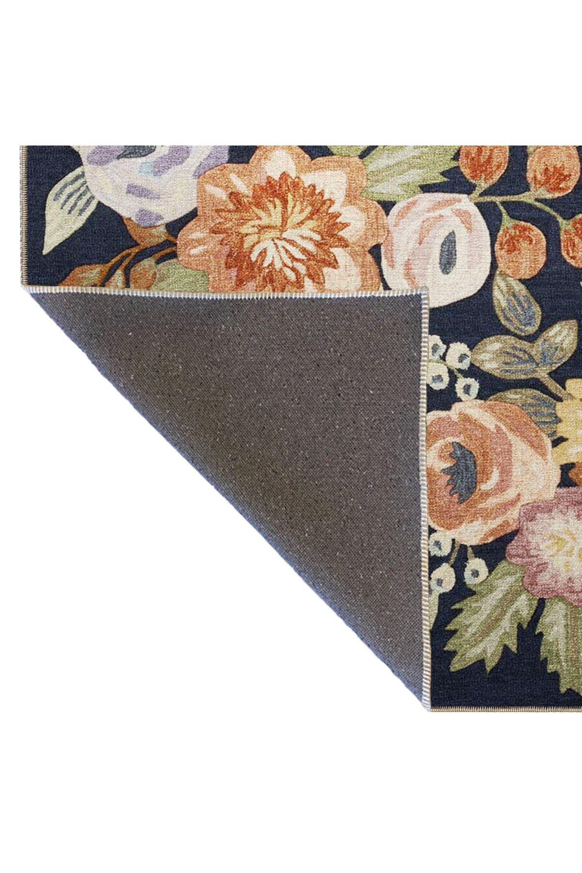 Lacivert Temalı Floral Çok Renkli Çiçek ve Gül Desenli Modern Dekoratif Halı 3433