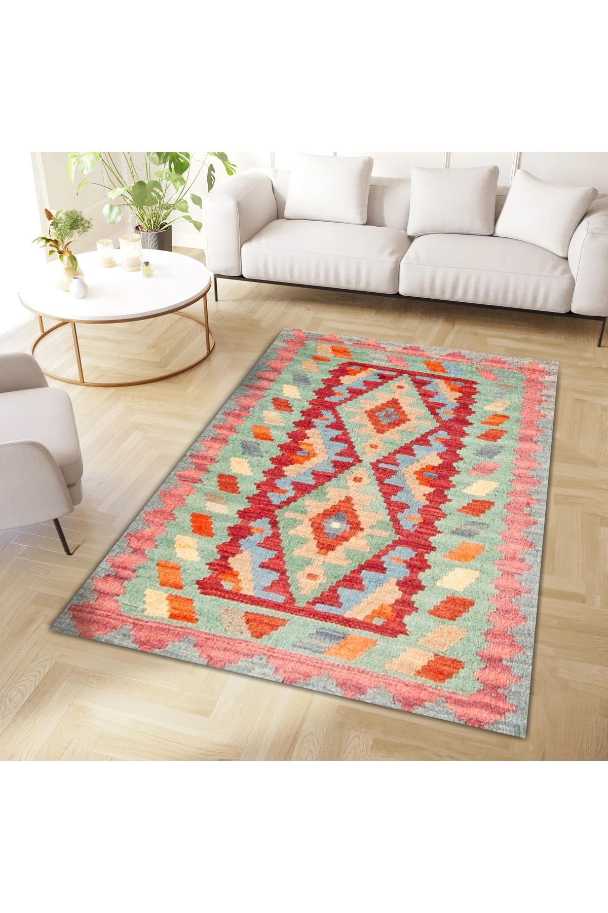 Aysu Koleksiyonu Pembe Yeşil Kırmızı Etnik Desenli Dokuma Taban Modern Dekoratif Halı aysu29