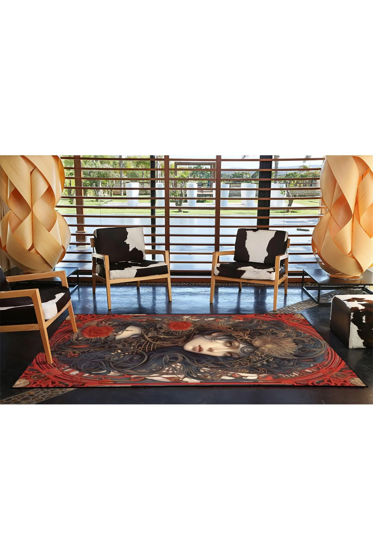 Kırmızı Siyah Temalı Sürrealist Tasarım Kadın Portre Desenli Modern Dekoratif Halı 3835