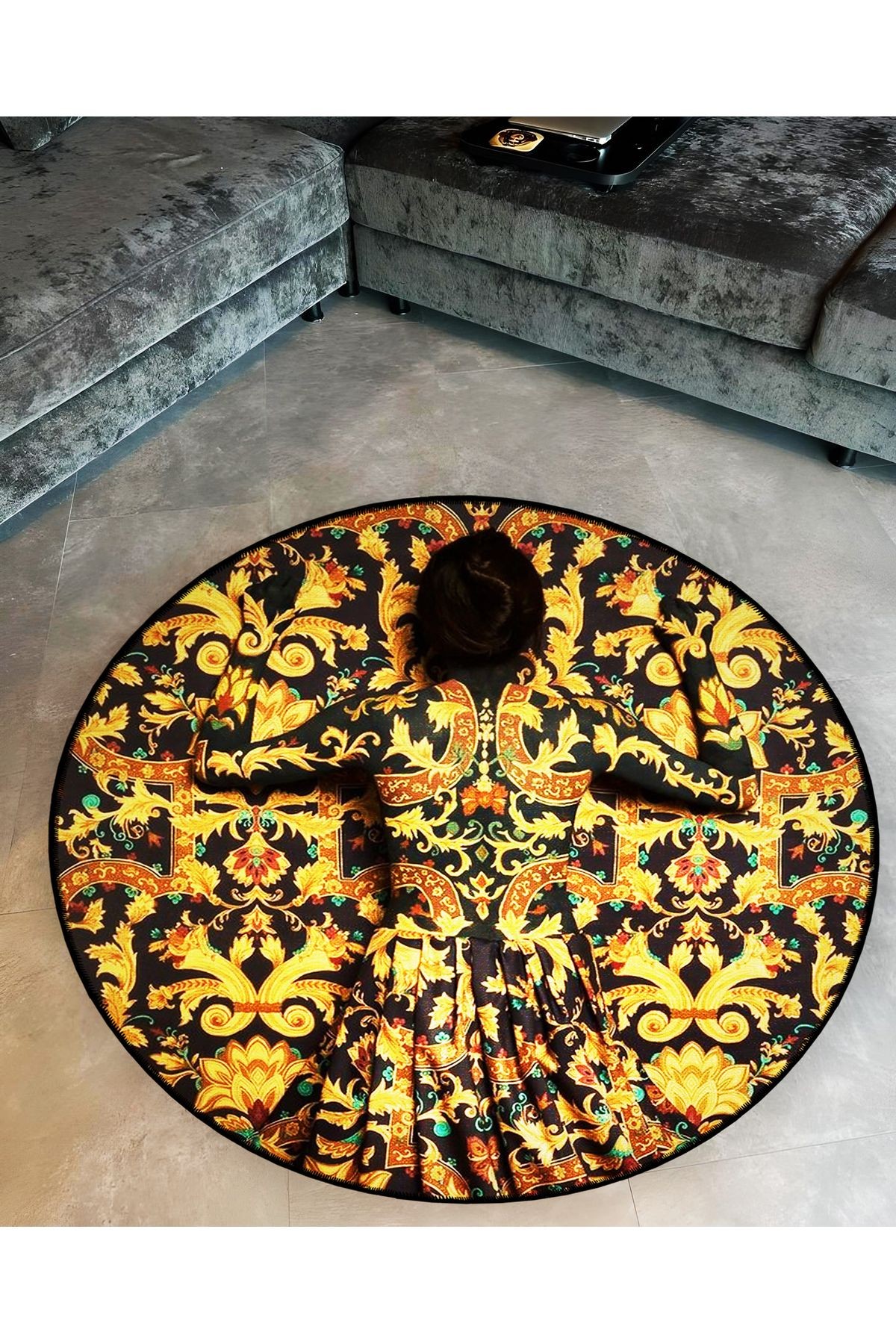 Sarı Siyah Temalı Motifli Soyut Kadın Desenli Yuvarlak Dokuma Taban Vintage Dekoratif Halı 6171