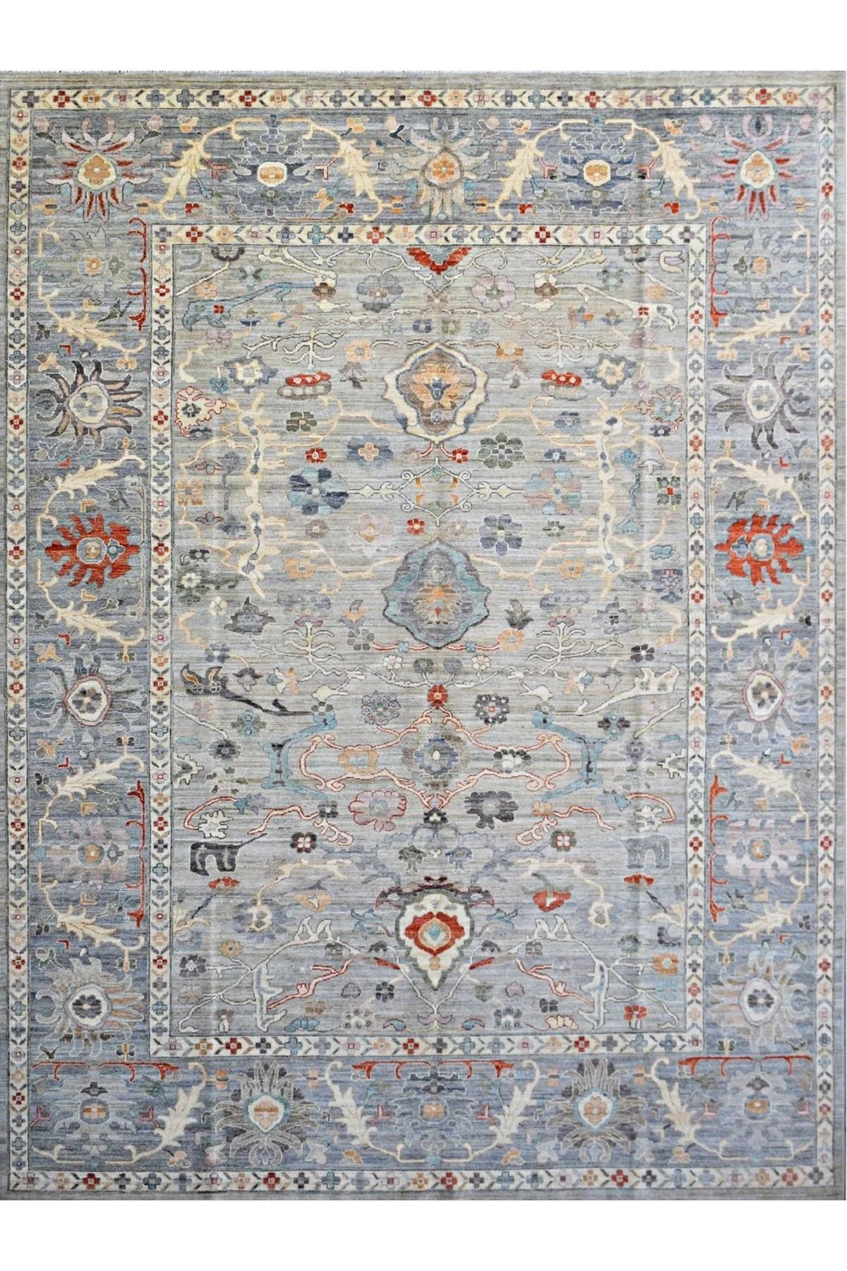 Mete Koleksiyonu Mavi Gri Tonlar Geleneksel Motif ve Çiçek Desenli Vintage Dekoratif Halı 37