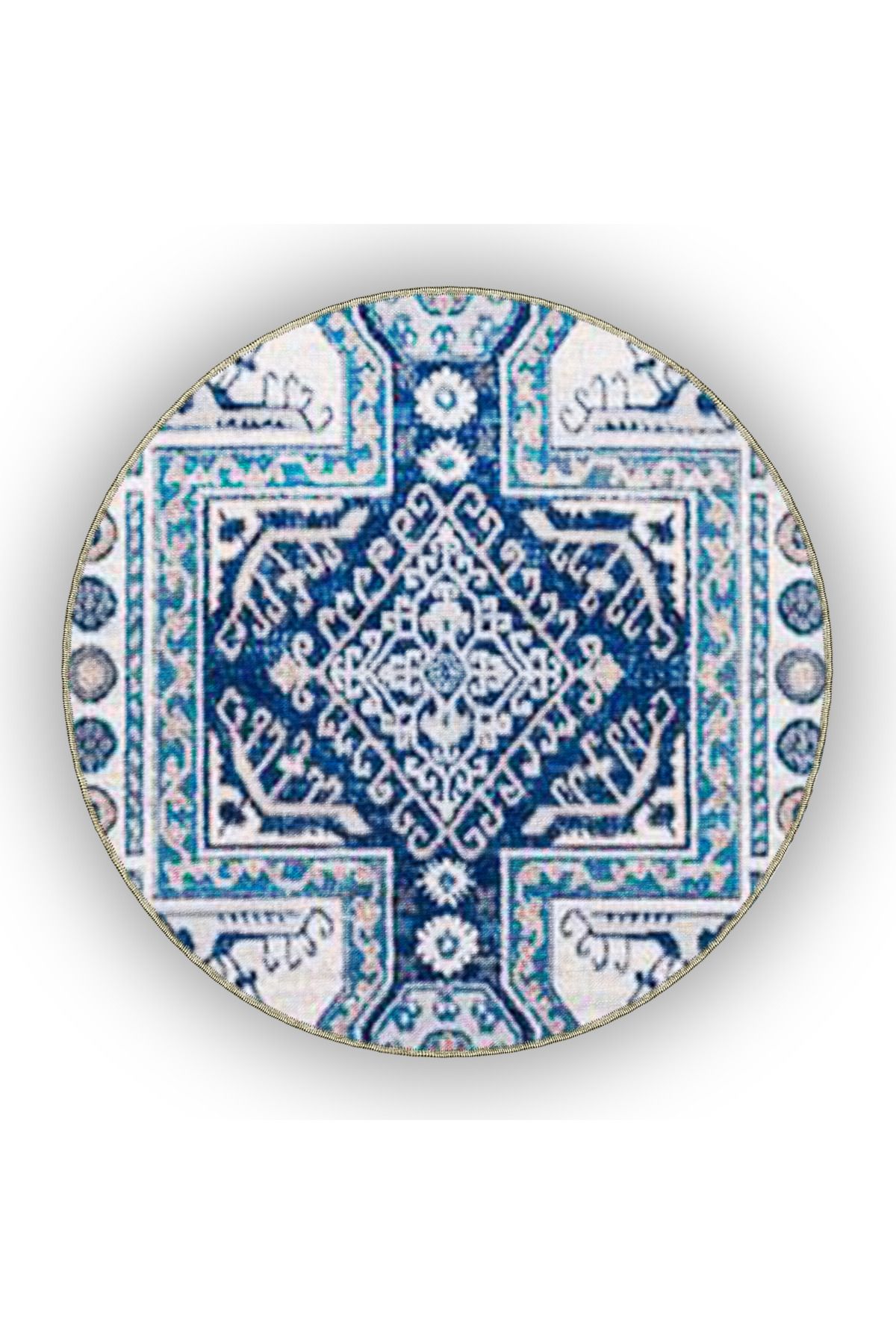 Lacivert Bej Temalı Motifli Etnik Figür Desenli Vintage Dekoratif Halı 5009