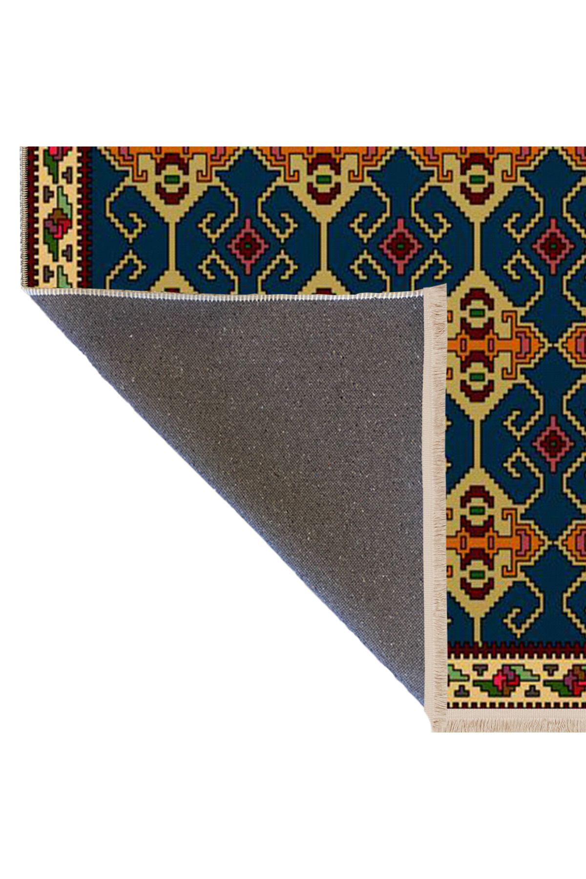 Mavi Sarı Temalı Geleneksel Motif Etnik Desenli Saçaklı Vintage Dekoratif Halı 4645