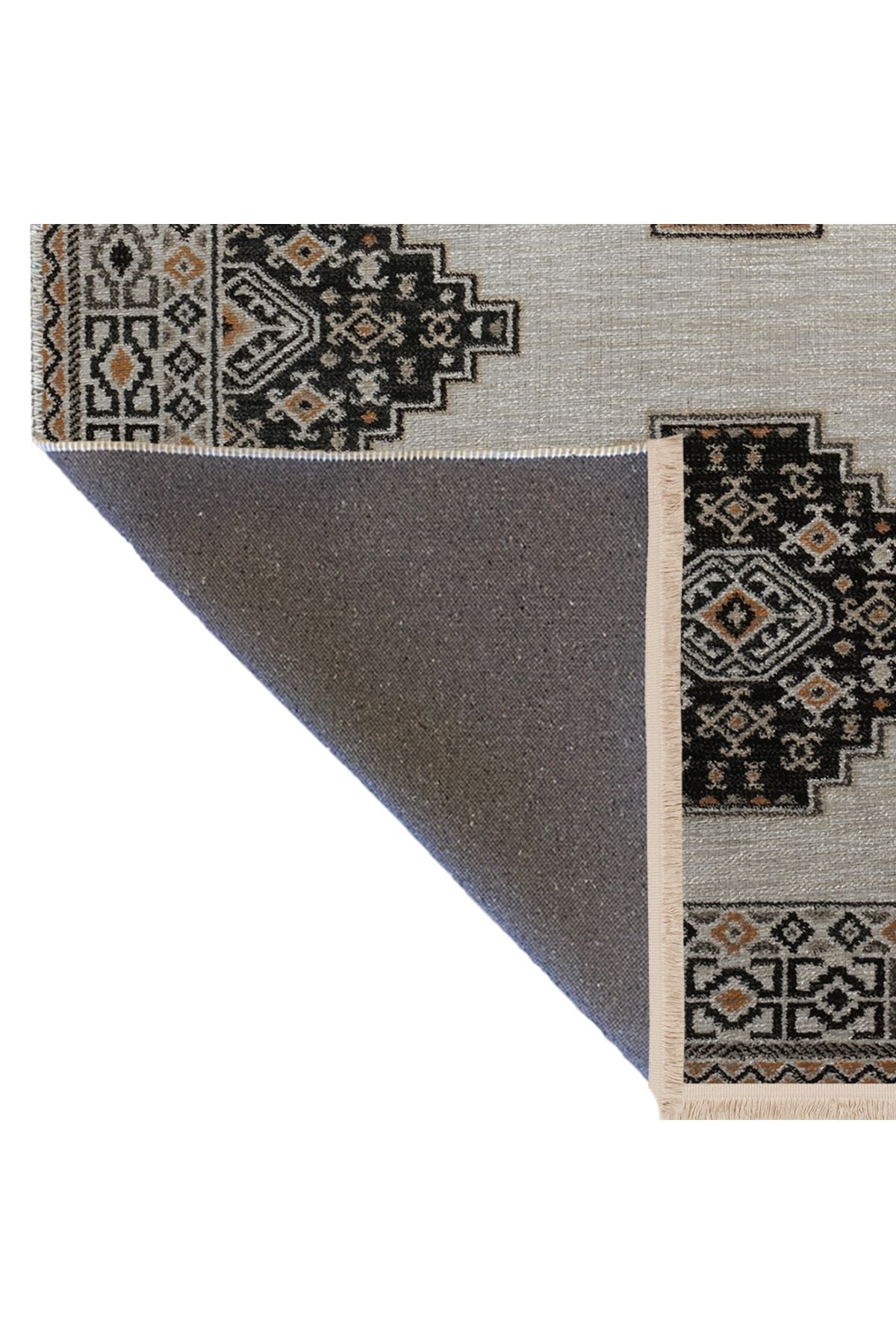 Gri Temalı Çok Renkli Geleneksel Motif Desenli Saçaklı Vintage Dekoratif Halı 3115