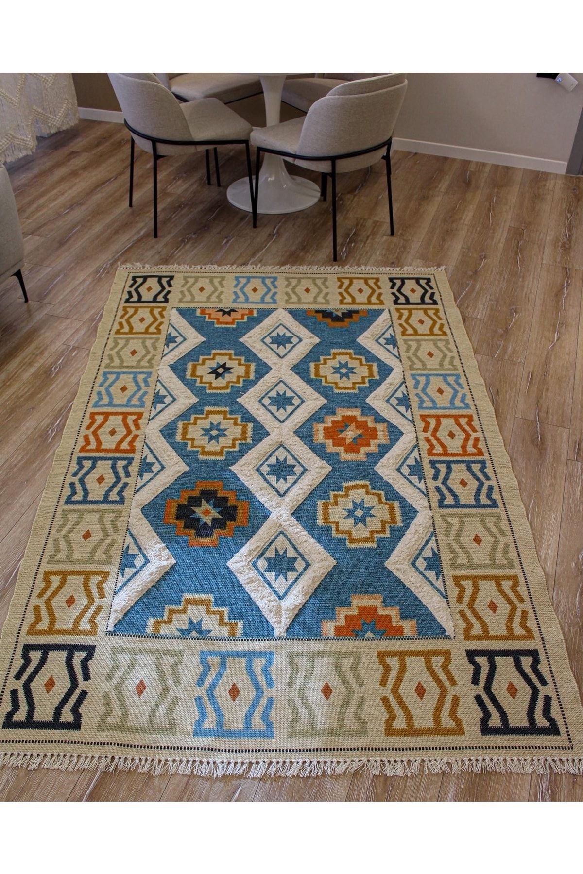 Rustik 4035 Etnik Ve Geometrik Turkuaz Kilim