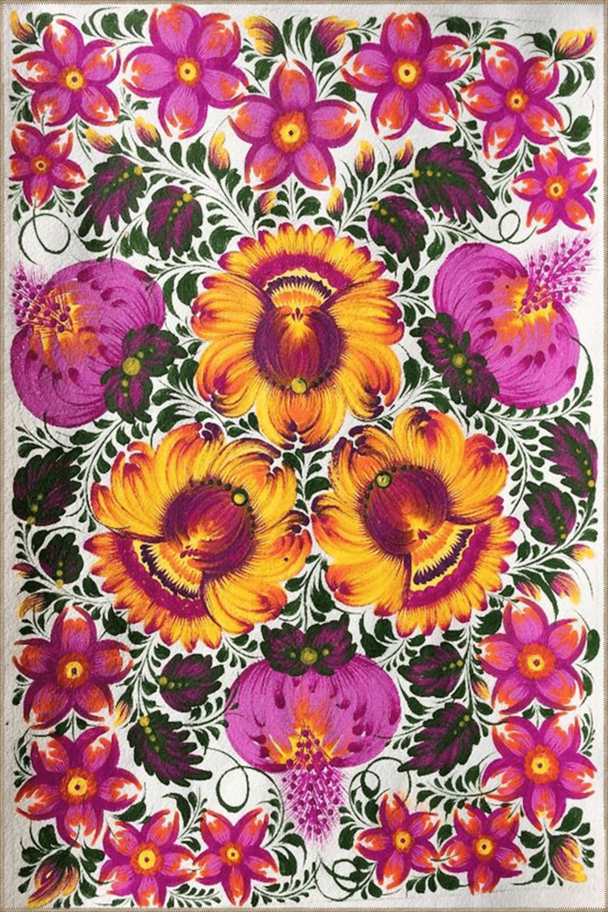 Mor ve Karışık Renkli Çiçekli Floral Geometrik Modern Dekoratif Halı miravip173