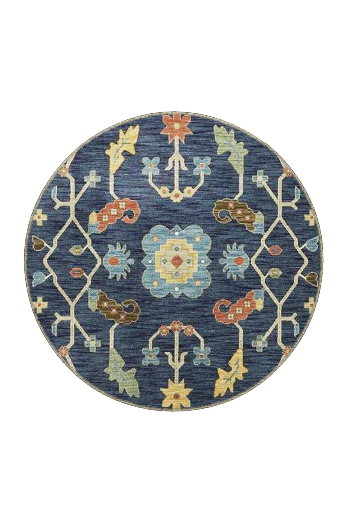 Lacivert Temalı Çok Renkli Motifli Etnik Çiçek Desenli Vintage Dekoratif Halı 3888