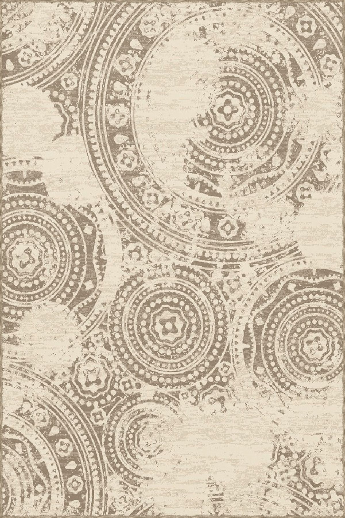 Bej Temalı Daire Şekil Etnik Motif Desenli Vintage Dekoratif Halı 4912