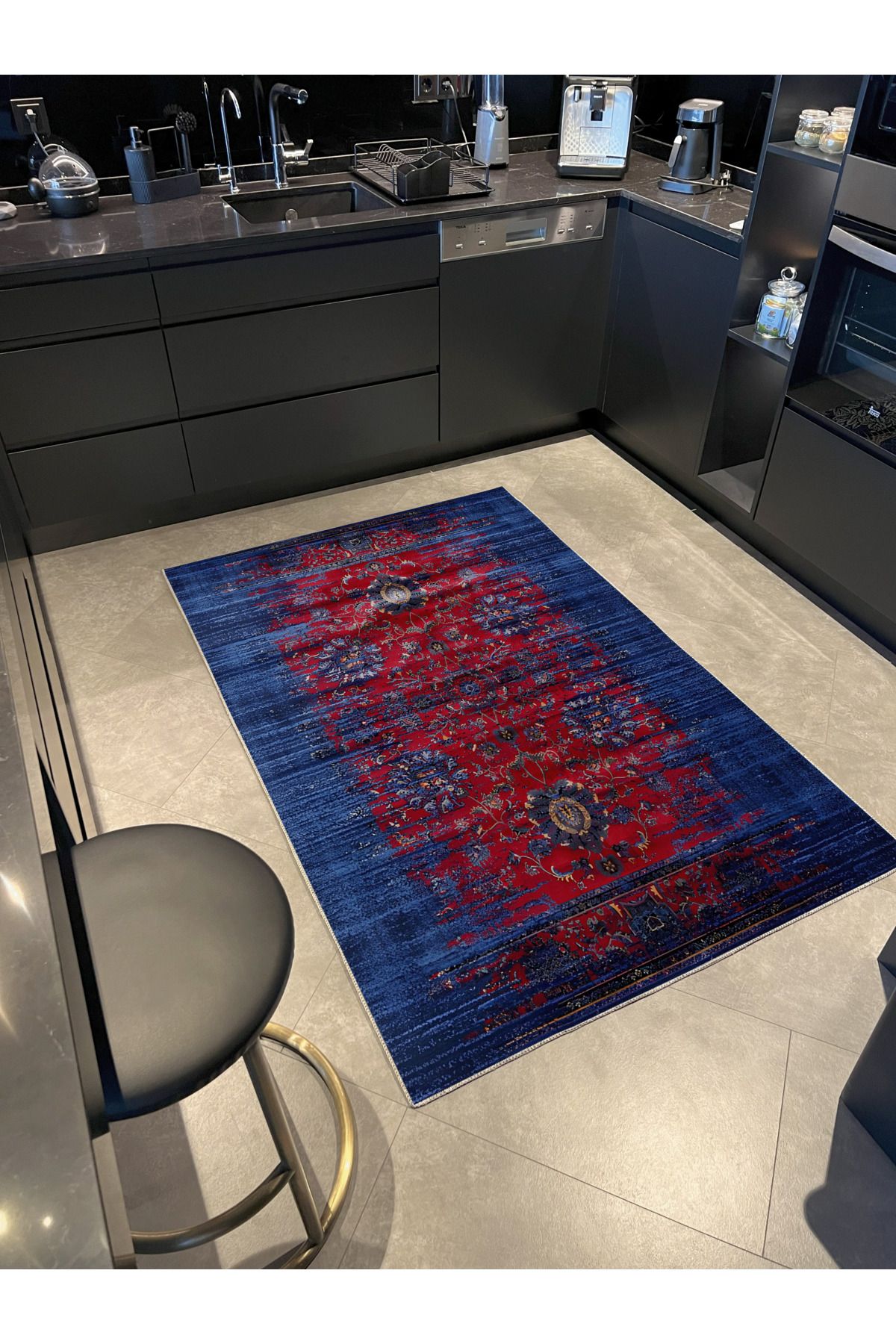 Mavi Bordo Temalı Geleneksel Motif Desenli Vintage Dekoratif Halı 1678