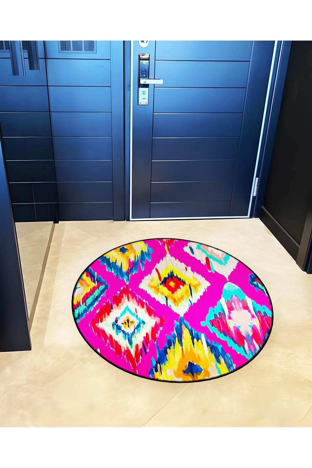 Mira Yuvarlak Pembe Çok Renkli Şekiller Dokuma Taban Modern Dekoratif Halı 5650