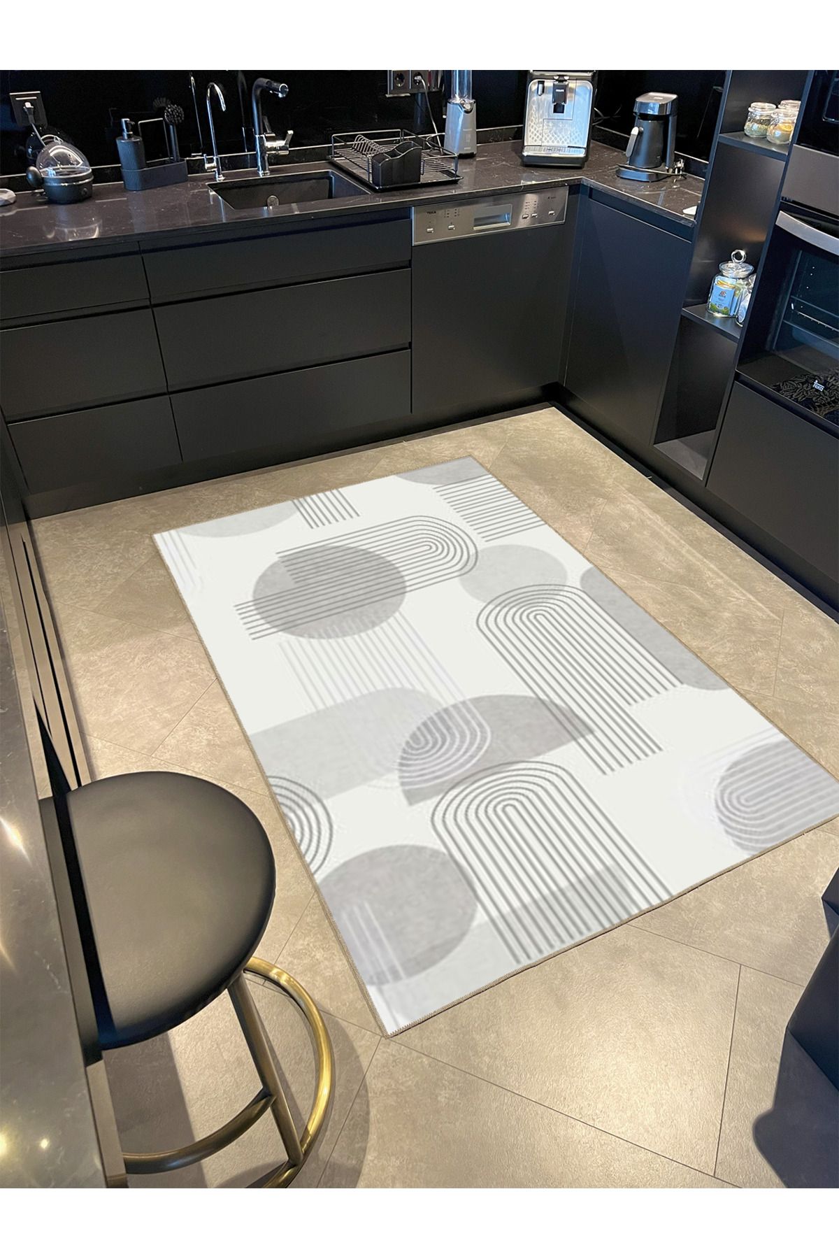 Gri Yuvarlak Geometrik Desenli Dokuma Taban Halı ve Yıkanabilir Halı miravip9908