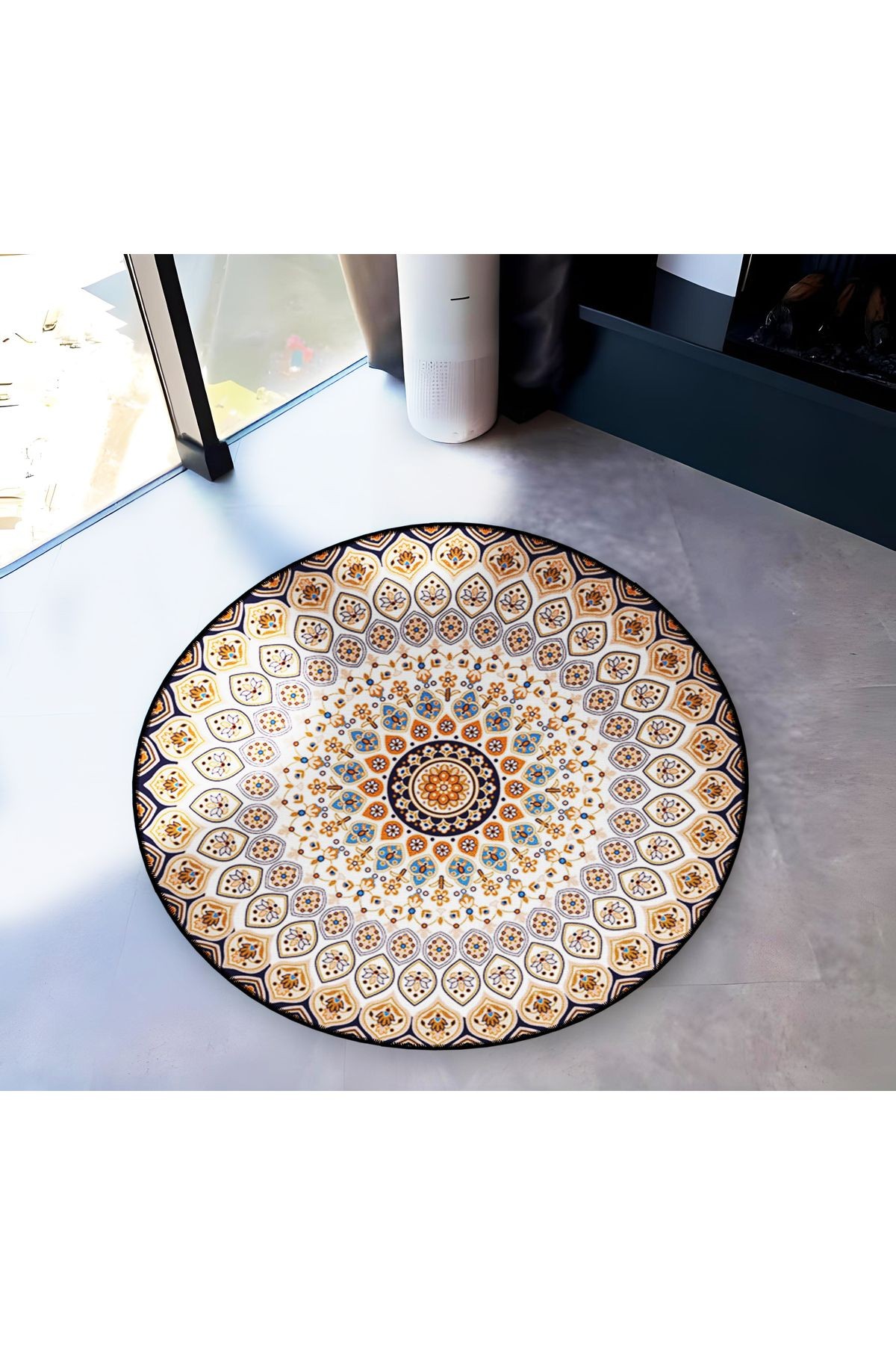 Mira Yuvarlak Bej Etnik Desen Detaylı Dokuma Taban Modern Dekoratif Halı 5692
