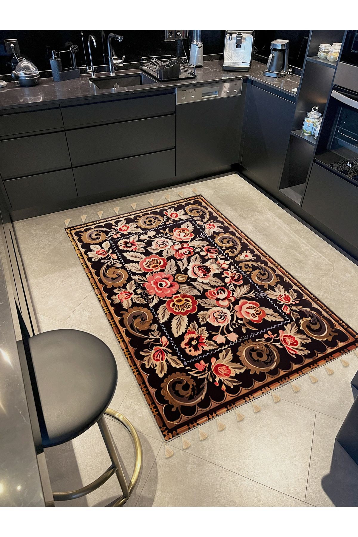 Royal Karma Çiçek Motifleri Desenli Püskül Detaylı Dokuma Taban Dekoratif Halı royal33
