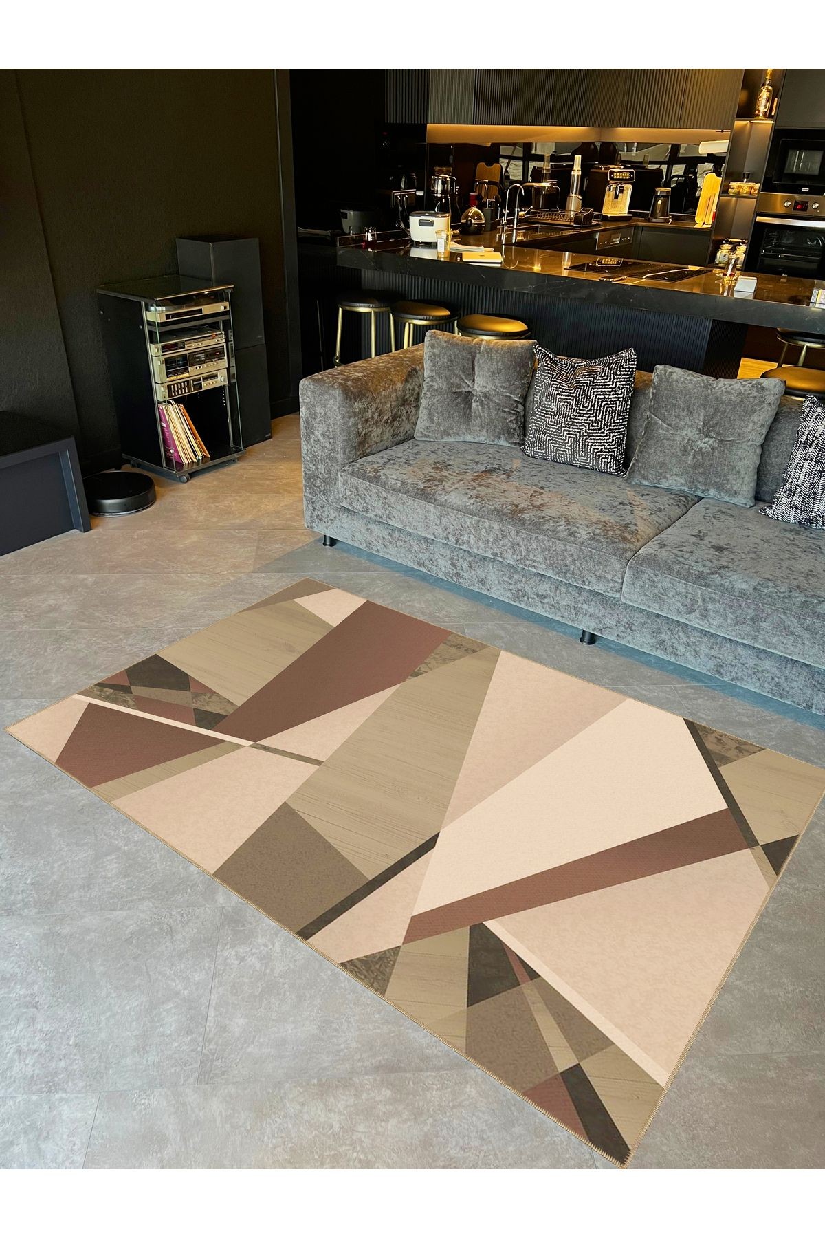 Ametist Serisi Bej Temalı Geometrik Şekiller Desenli Dokuma Taban Modern Dekoratif Halı ametist74