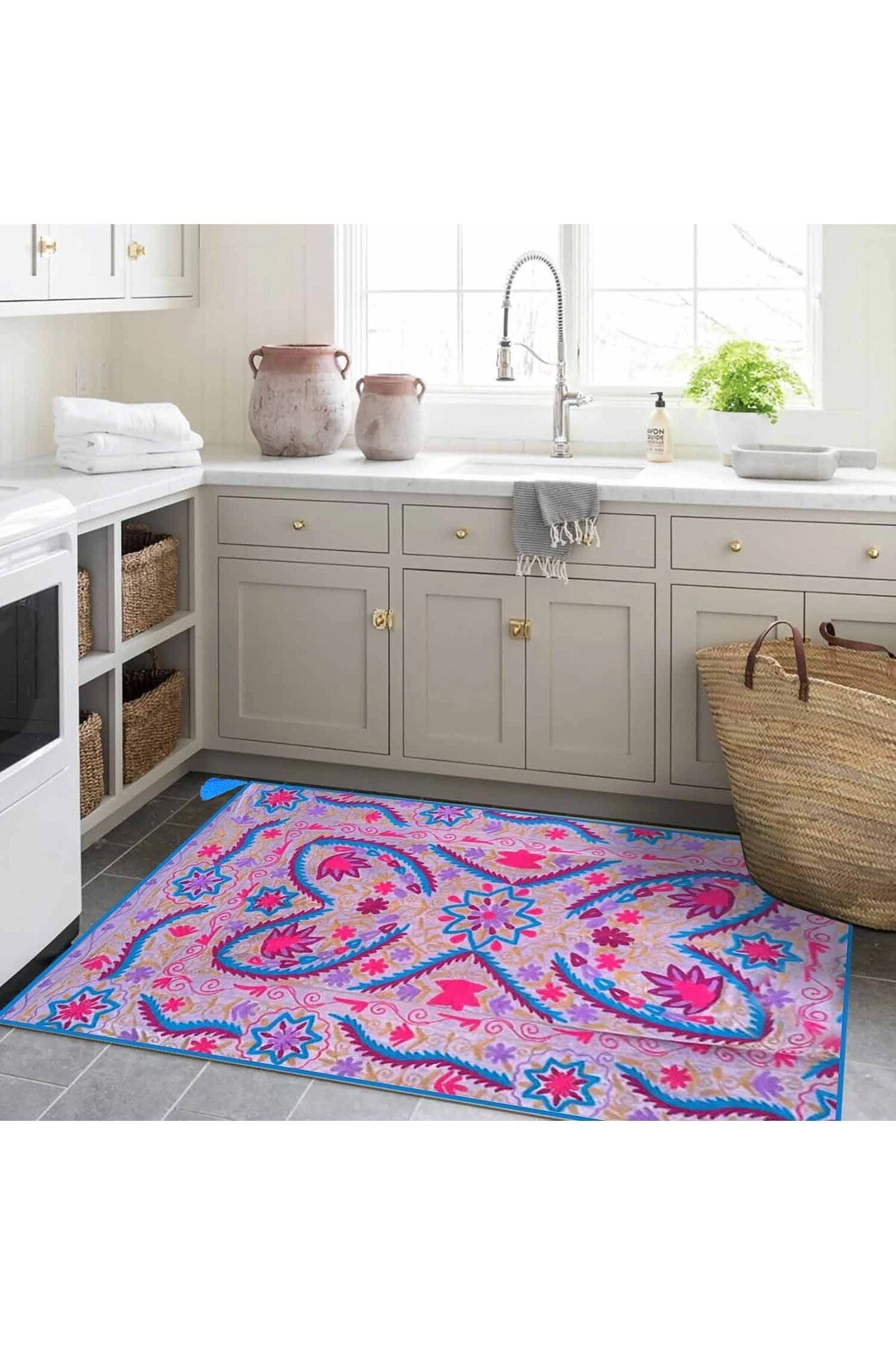 Haryana Koleksiyonu Pembe Mavi Tonlarda Karma Figürler Desenli Dokuma Taban Modern Dekoratif Halı 12