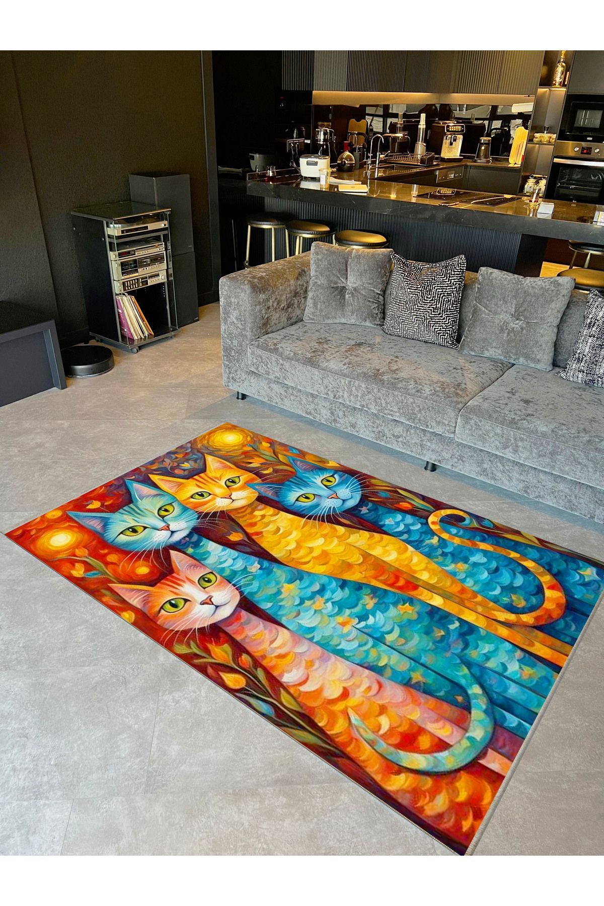 İnci Koleksiyonu Çok Renkli Soyut Kediler Desenli Dokuma Taban Modern Dekoratif Halı inci07