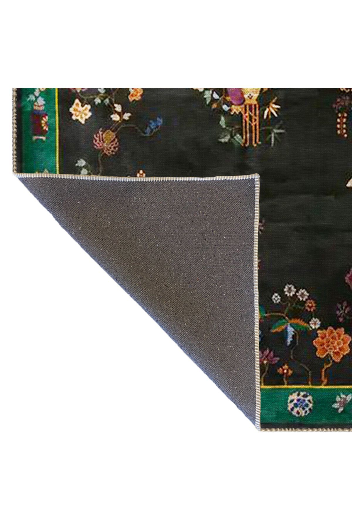 Siyah Yeşil Temalı Geleneksel Çin Tasarım Floral Çiçek Desenli Vintage Dekoratif Halı 3487