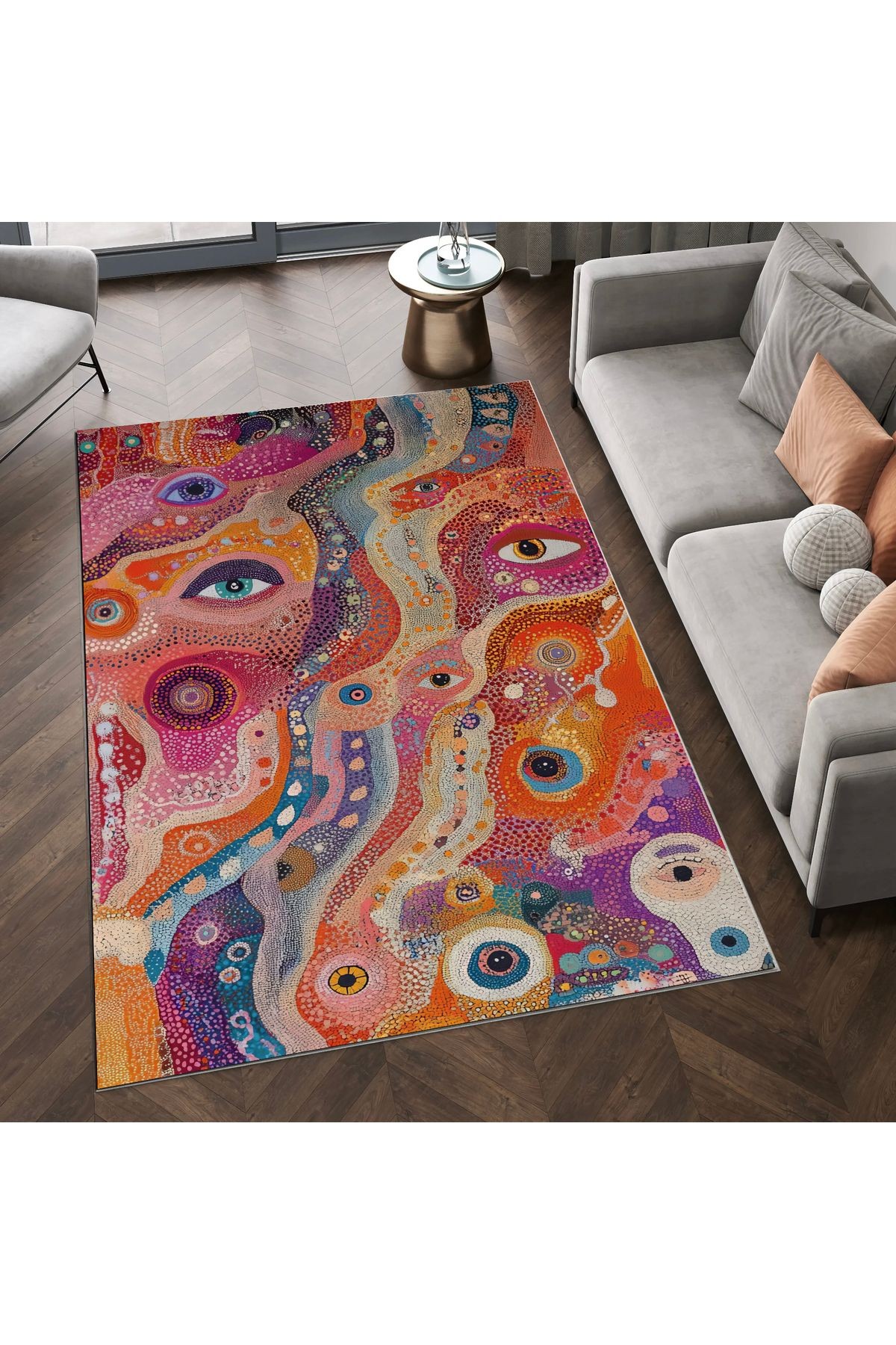 Nora Pi 022 Pembe Göz Renkli Desenli Pastel Renkli Dokuma Taban Dekoratif Salon Halısı