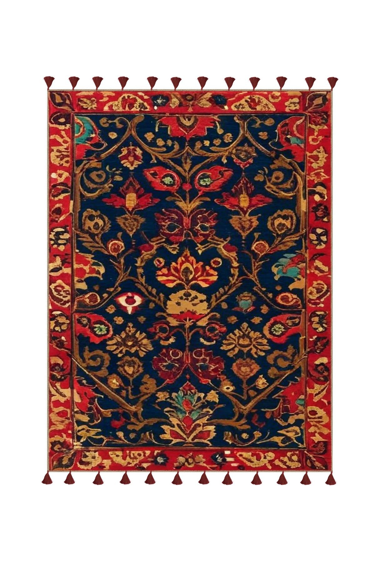 Royal Çiçek ve Etnik Figürler Desenli Püskül Detaylı Dokuma Taban Dekoratif Halı royal34