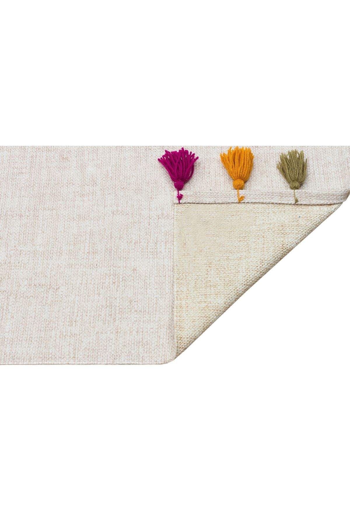 Moroccan 9003 Bej Renkli Püsküllü Bohomian Ve Modern Kilim