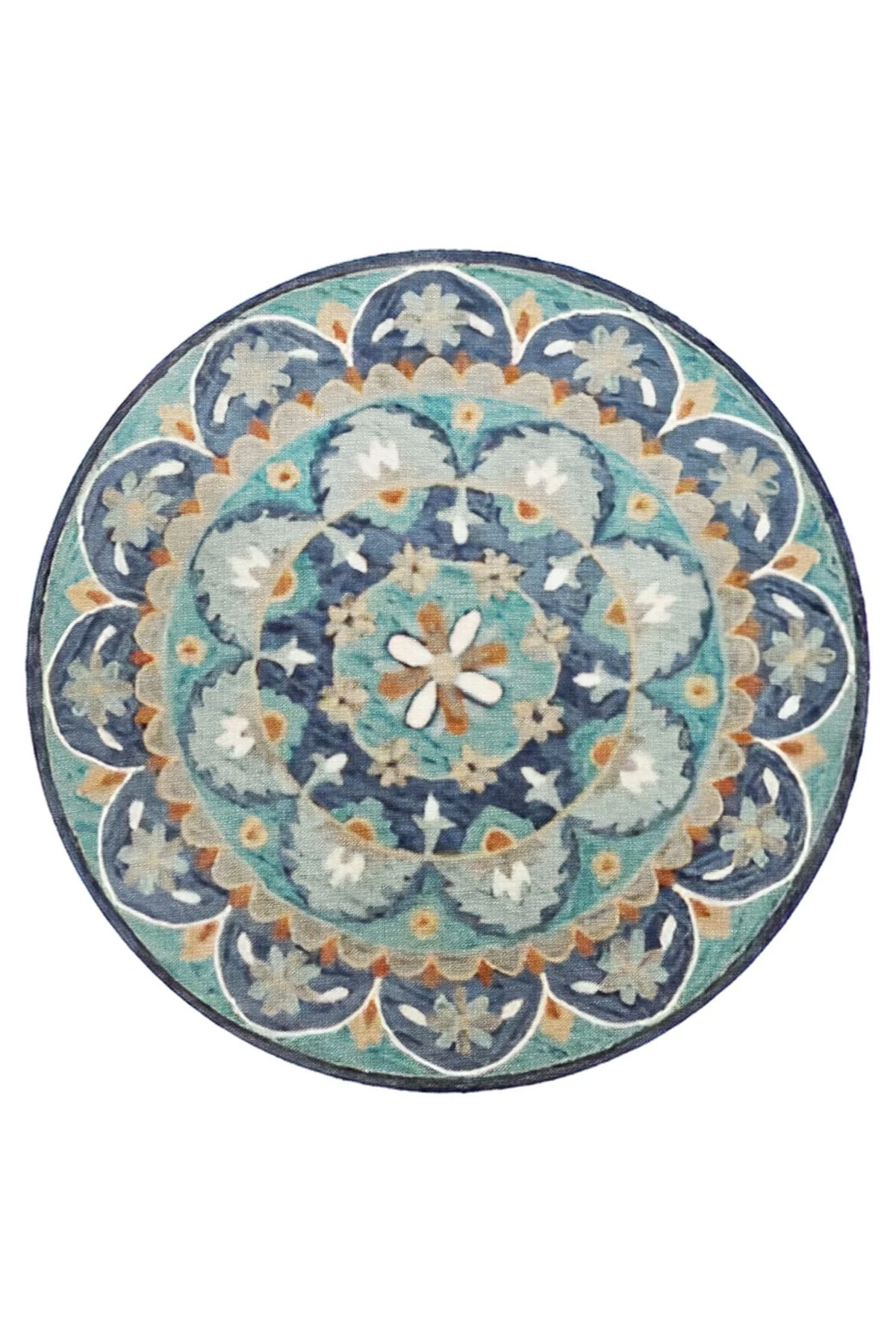 Mavi Ton Çok Renkli Geleneksel Motif Çiçek Desenli Kreatif Dokuma Taban Yuvarlak Dekoratif Halı 2097