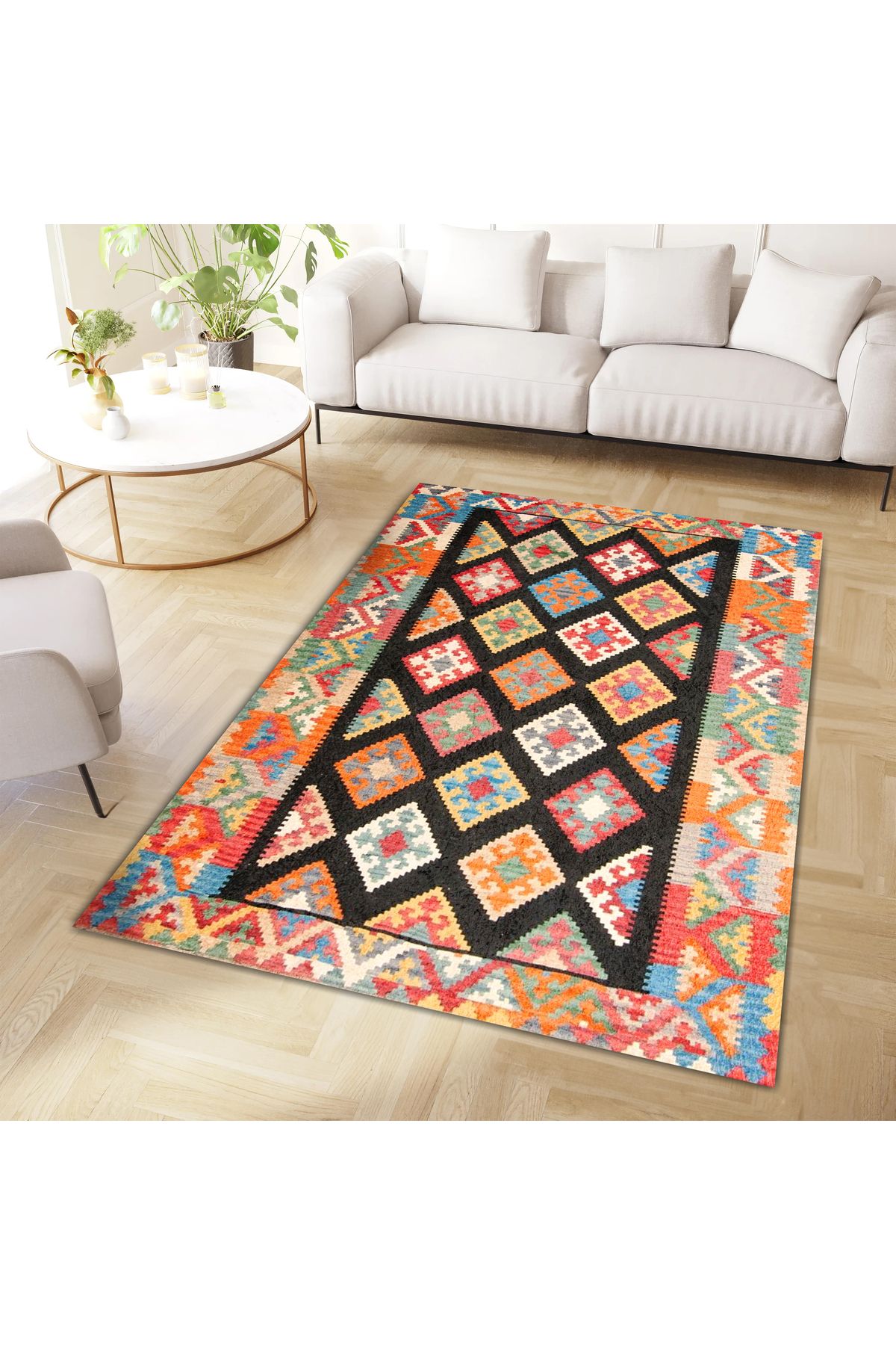 Aysu Koleksiyonu Çok Renkli Etnik Desenli Siyah Detaylı Dokuma Taban Modern Dekoratif Halı aysu12