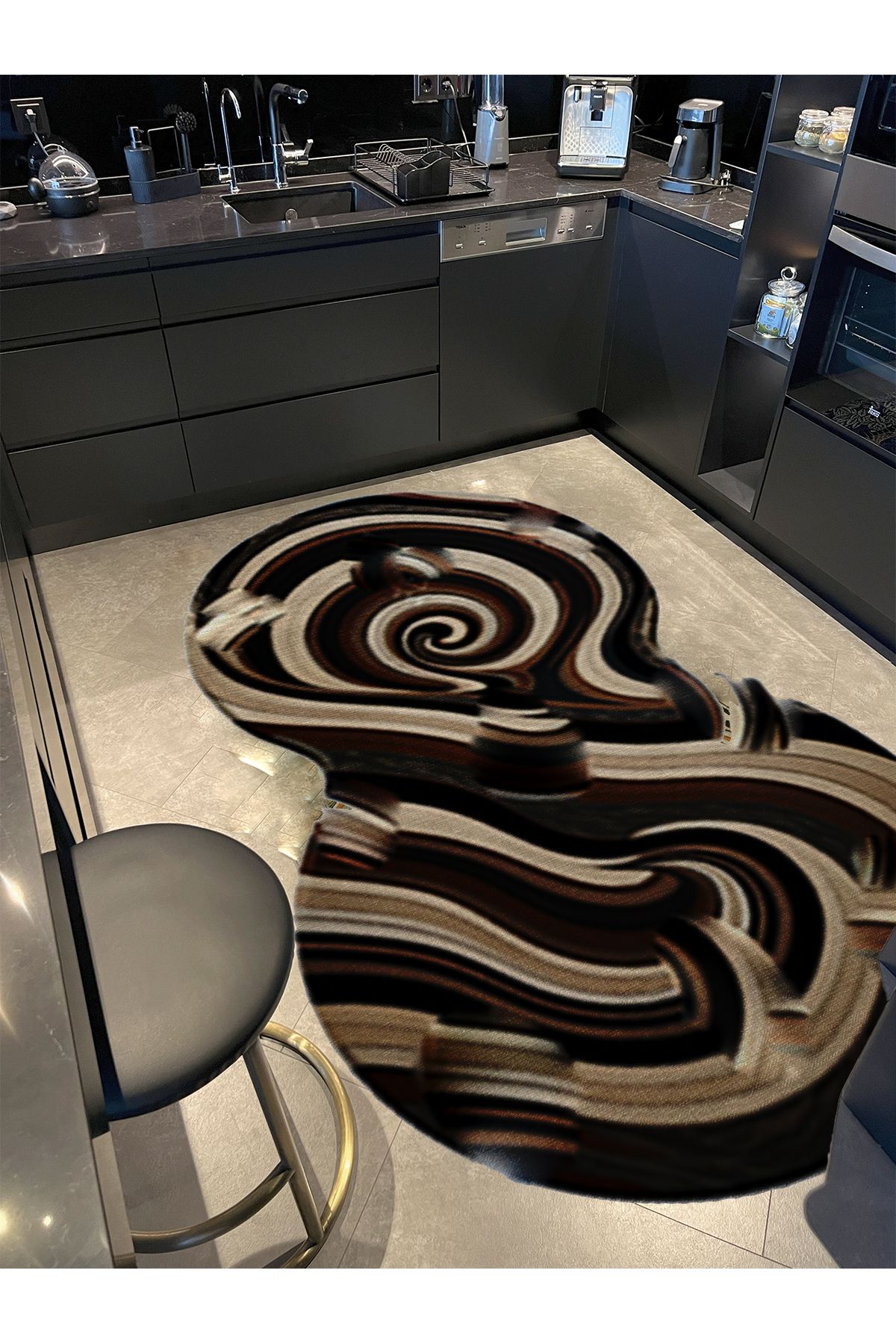 Shape Koleksiyonu Siyah Bej Tonlarda Soyut Desenli Dokuma Taban Modern Dekoratif Halı shape75